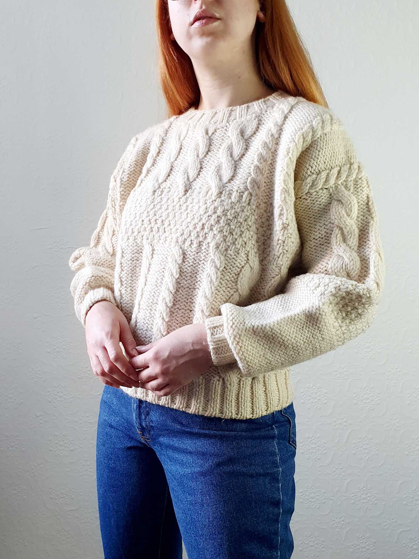 Vintage Cable Knit Cream Wool Arran Style Jumper - S/M/L - Image 5