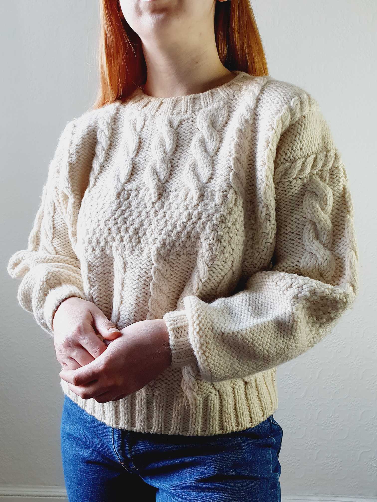 Vintage Cable Knit Cream Wool Arran Style Jumper - S/M/L - Image 6
