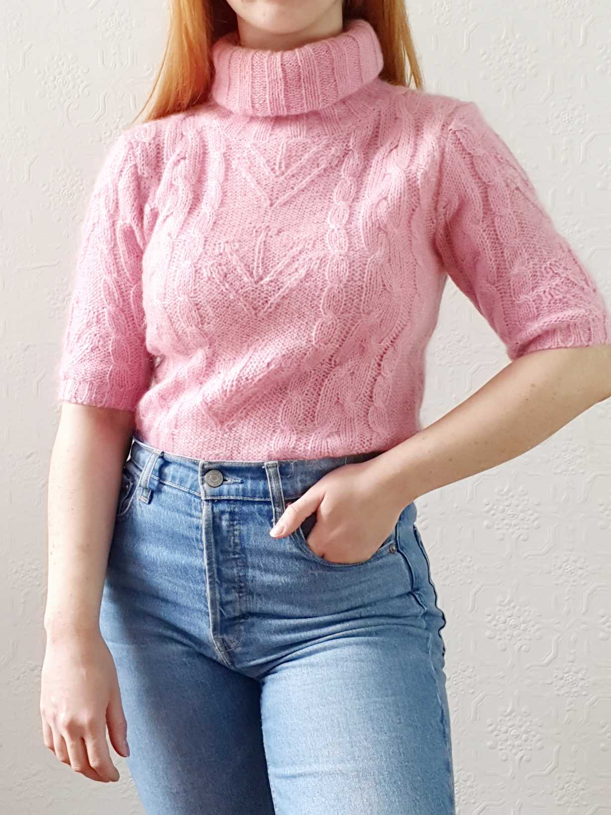 Vintage Cable Knit Turtle Neck Pink Mohair Jumper with Short Sleeves - XS/S