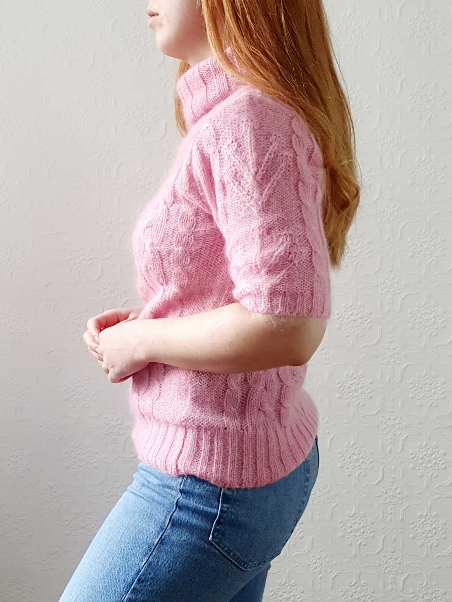 Vintage Cable Knit Turtle Neck Pink Mohair Jumper with Short Sleeves - XS/S - Image 2