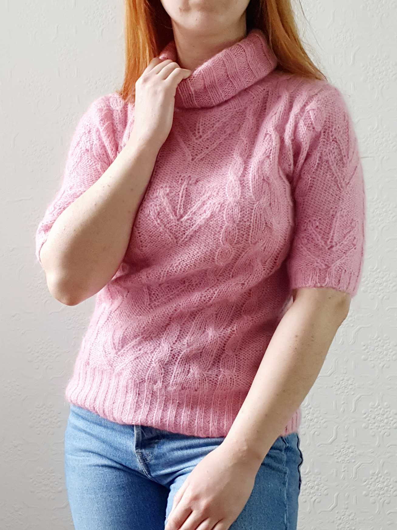 Vintage Cable Knit Turtle Neck Pink Mohair Jumper with Short Sleeves - XS/S - Image 3