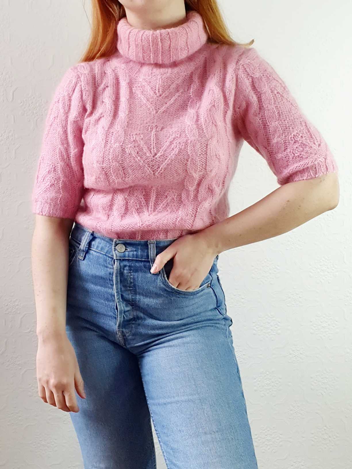 Vintage Cable Knit Turtle Neck Pink Mohair Jumper with Short Sleeves - XS/S - Image 4