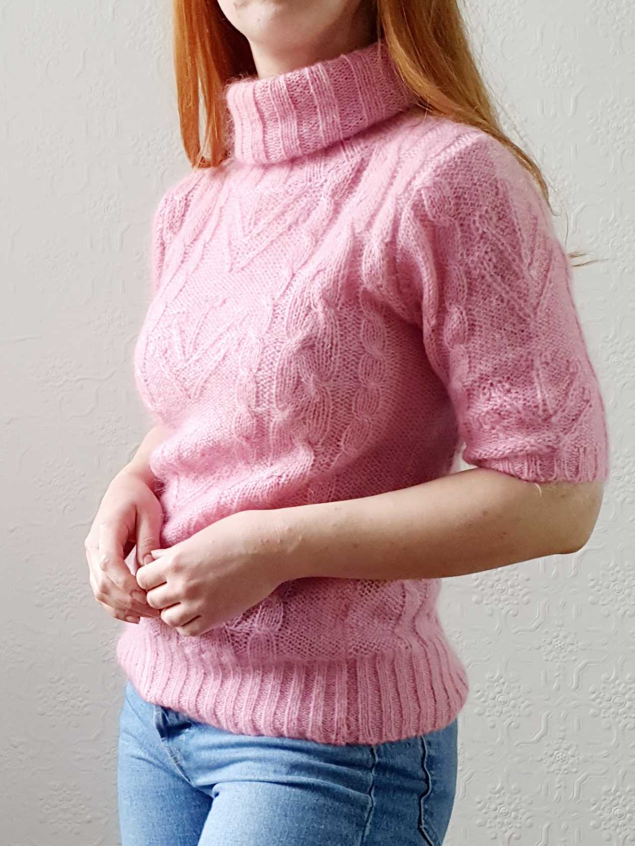 Vintage Cable Knit Turtle Neck Pink Mohair Jumper with Short Sleeves - XS/S - Image 5