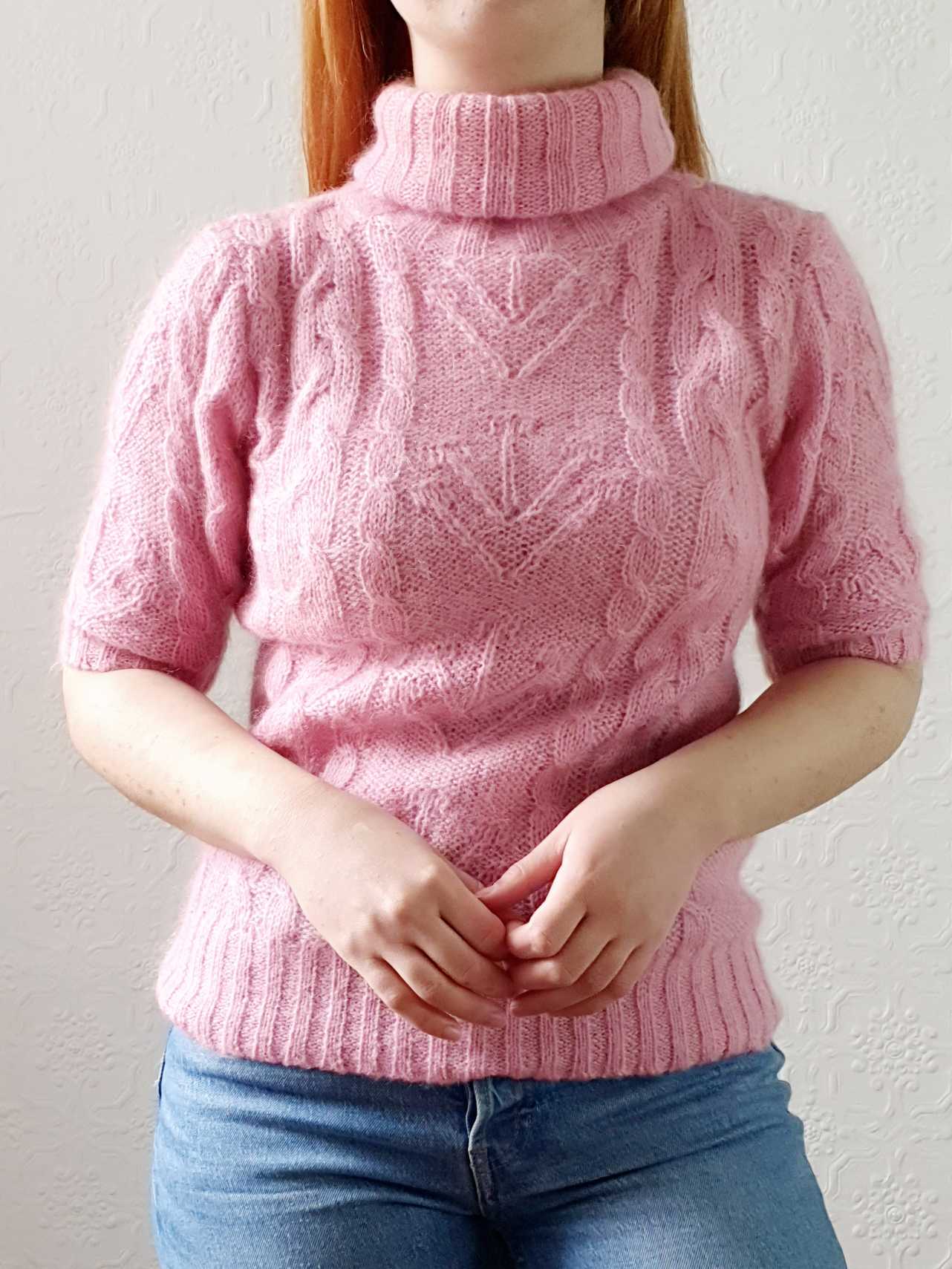 Vintage Cable Knit Turtle Neck Pink Mohair Jumper with Short Sleeves - XS/S - Image 6