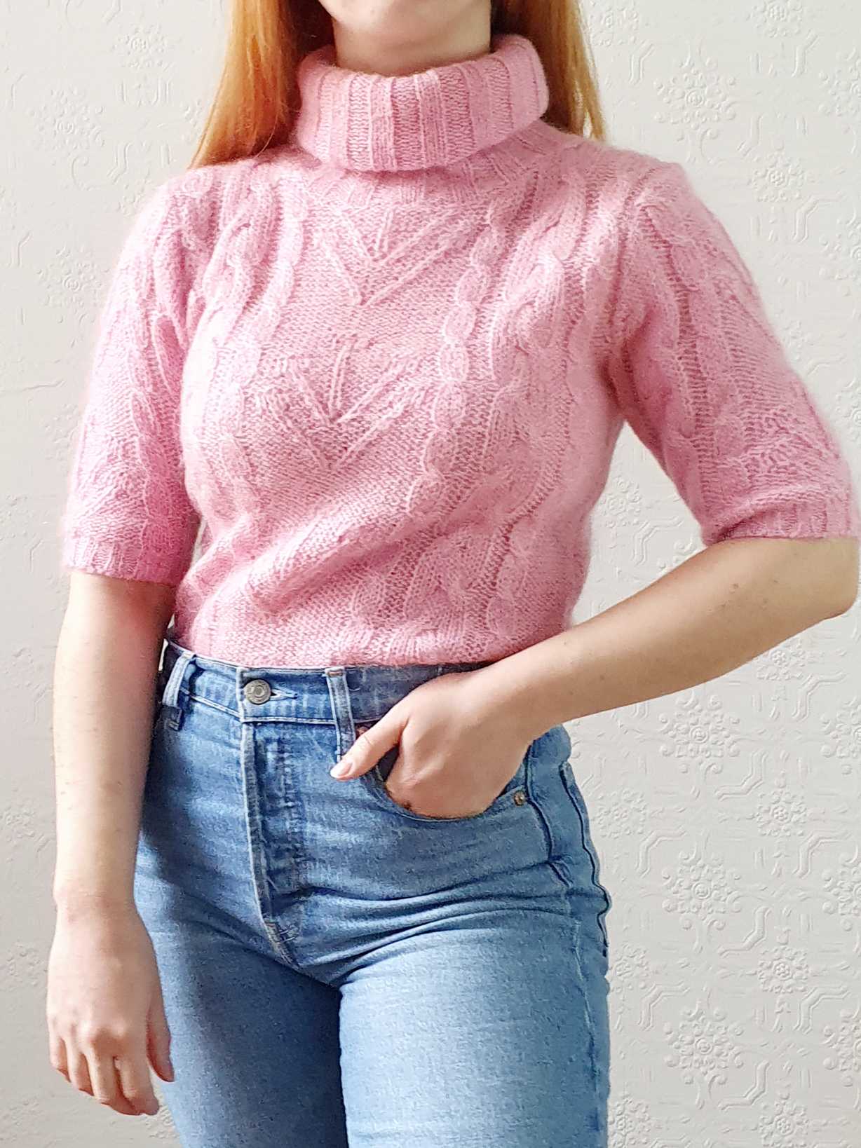 Vintage Cable Knit Turtle Neck Pink Mohair Jumper with Short Sleeves - XS/S - Image 7