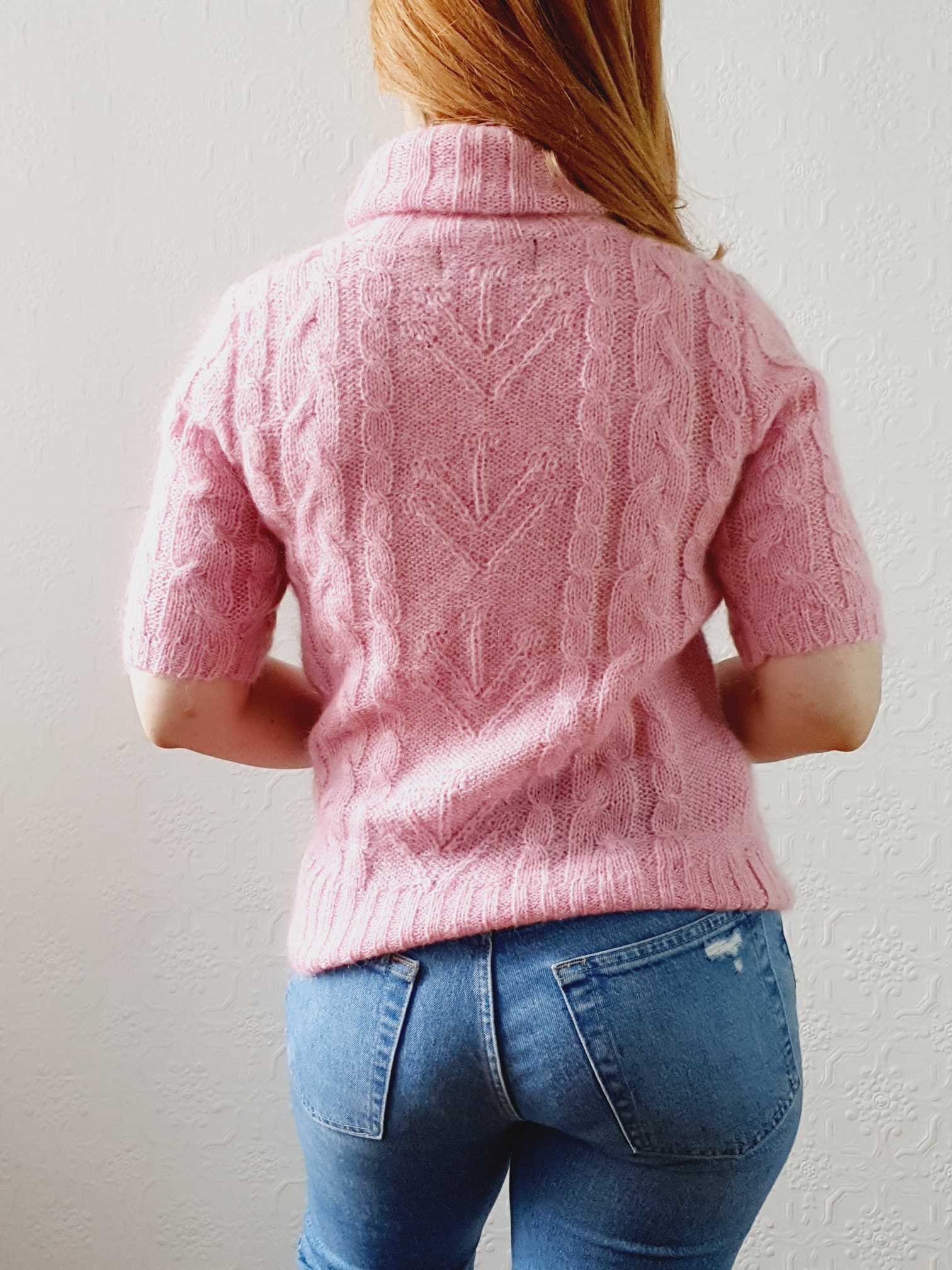 Vintage Cable Knit Turtle Neck Pink Mohair Jumper with Short Sleeves - XS/S - Image 8