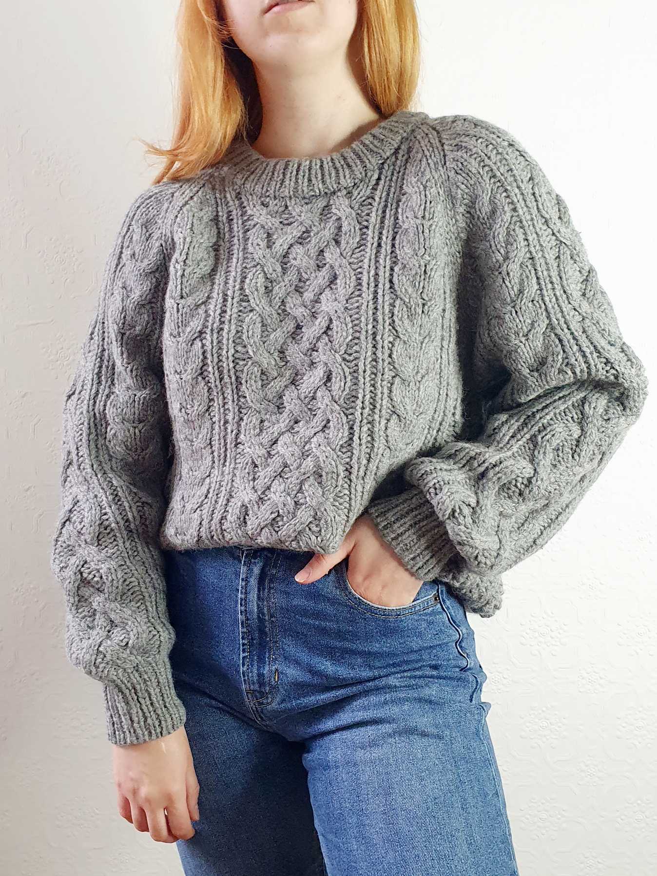 Vintage Chunky Knit Grey Aran Wool Jumper - L