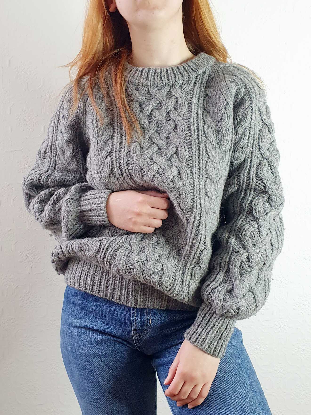 Vintage Chunky Knit Grey Aran Wool Jumper - L - Image 10