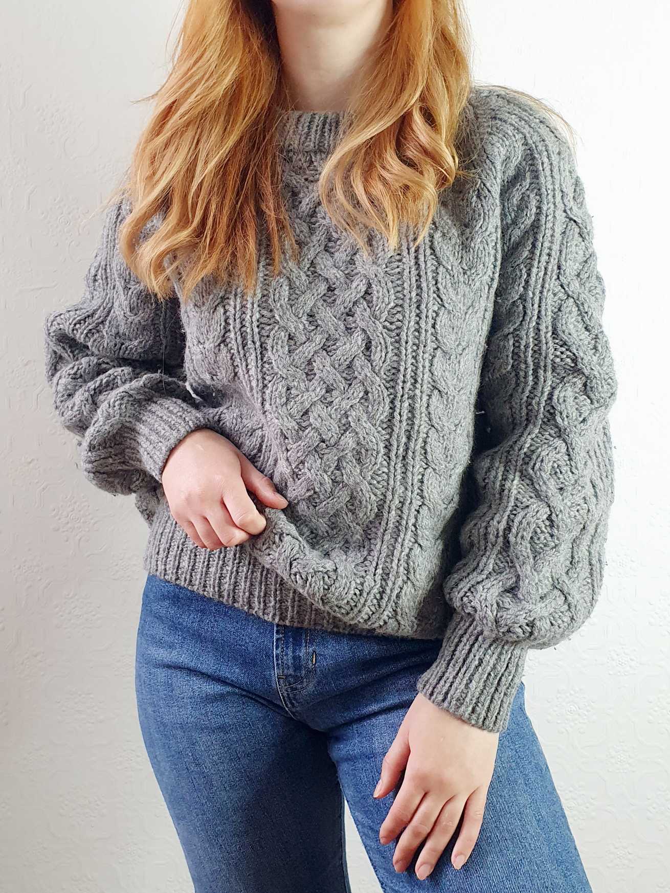 Vintage Chunky Knit Grey Aran Wool Jumper - L - Image 11