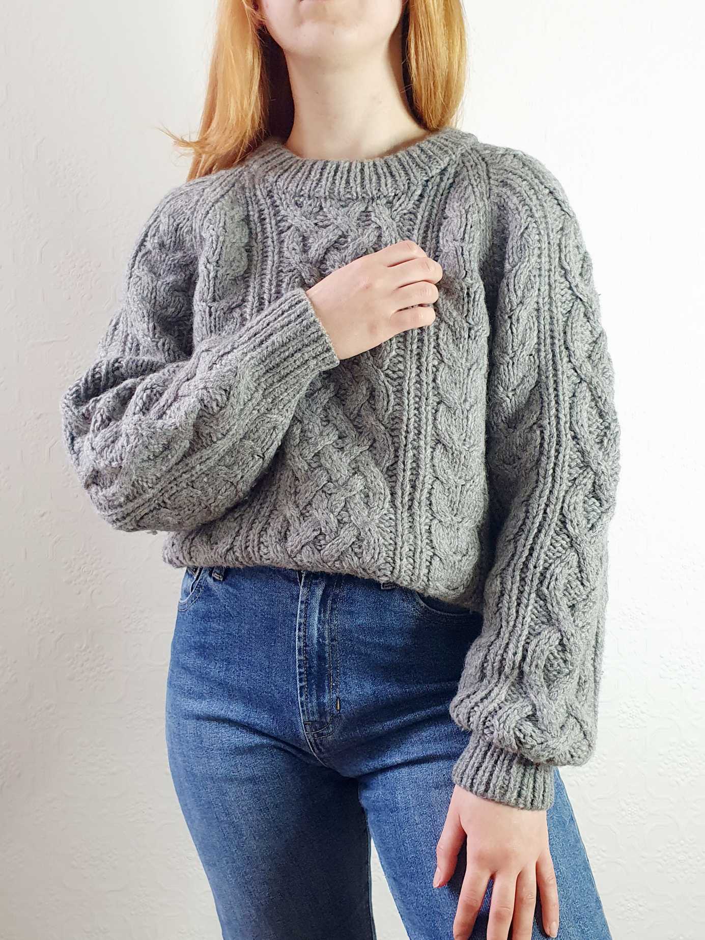 Vintage Chunky Knit Grey Aran Wool Jumper - L - Image 2
