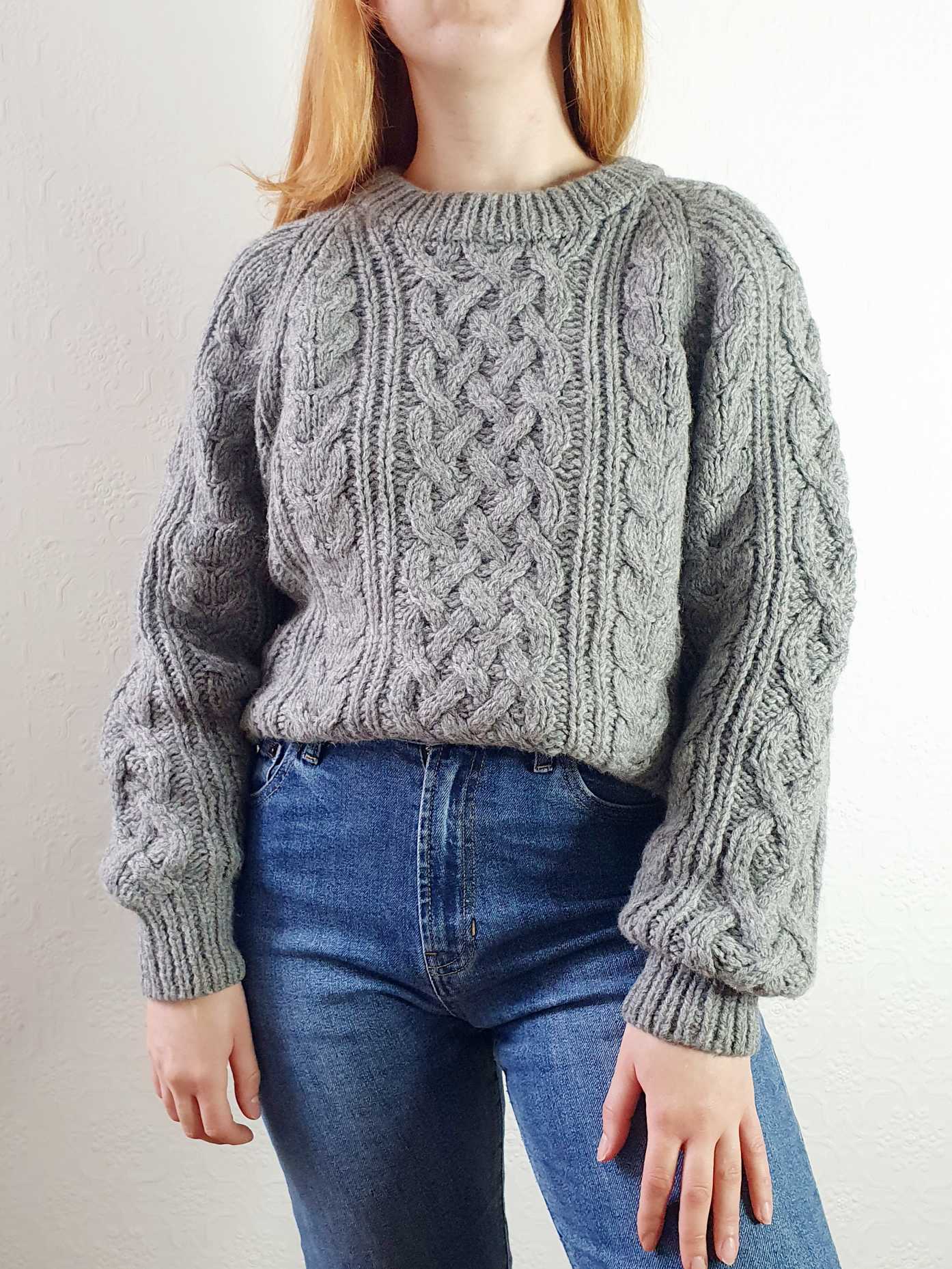 Vintage Chunky Knit Grey Aran Wool Jumper - L - Image 3