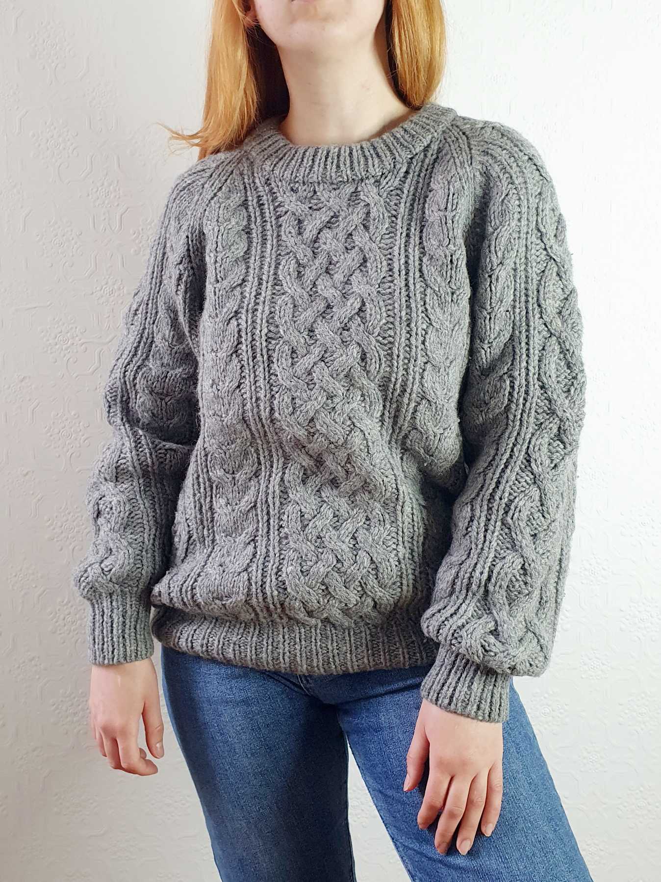 Vintage Chunky Knit Grey Aran Wool Jumper - L - Image 4