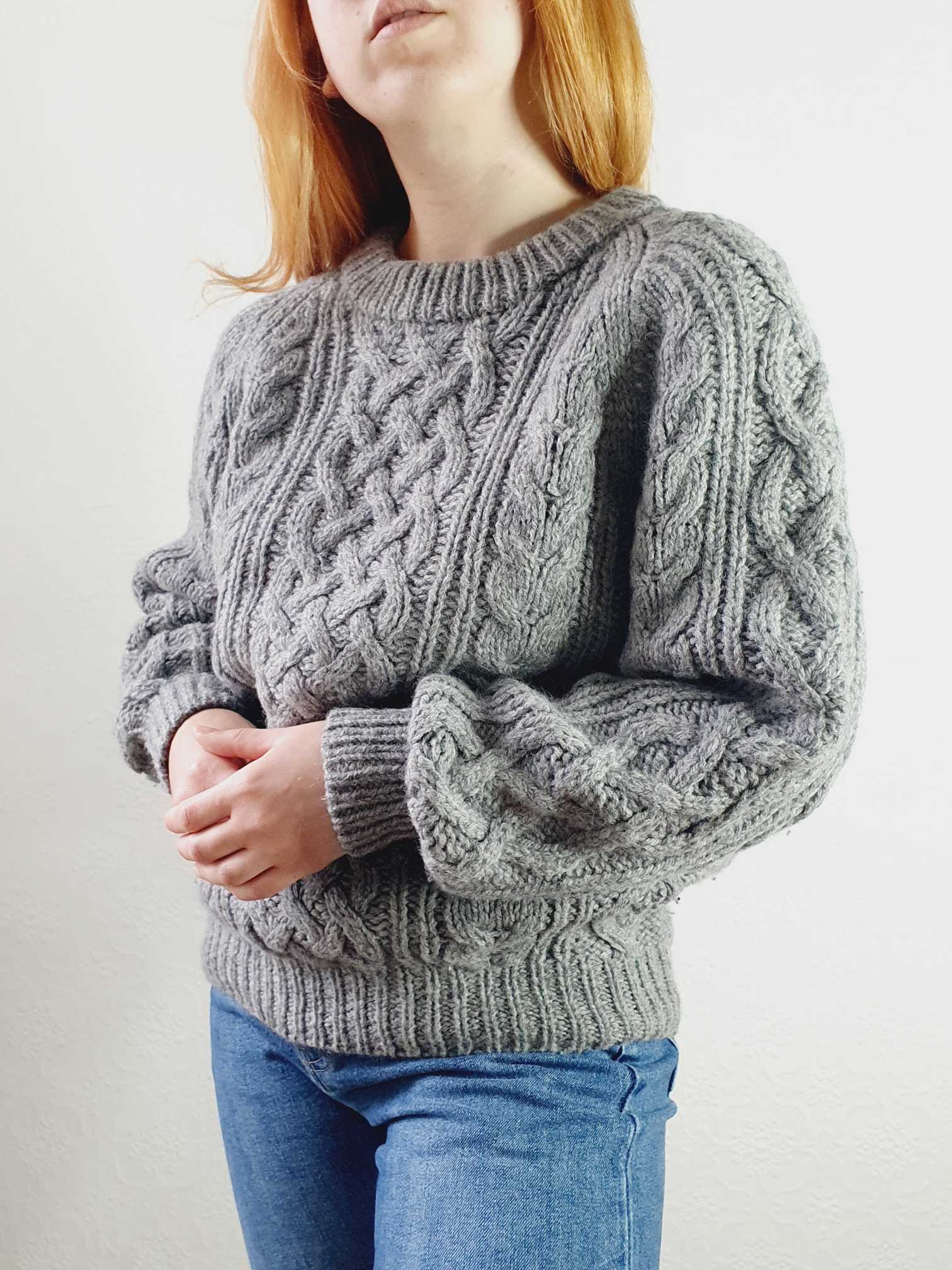 Vintage Chunky Knit Grey Aran Wool Jumper - L - Image 5