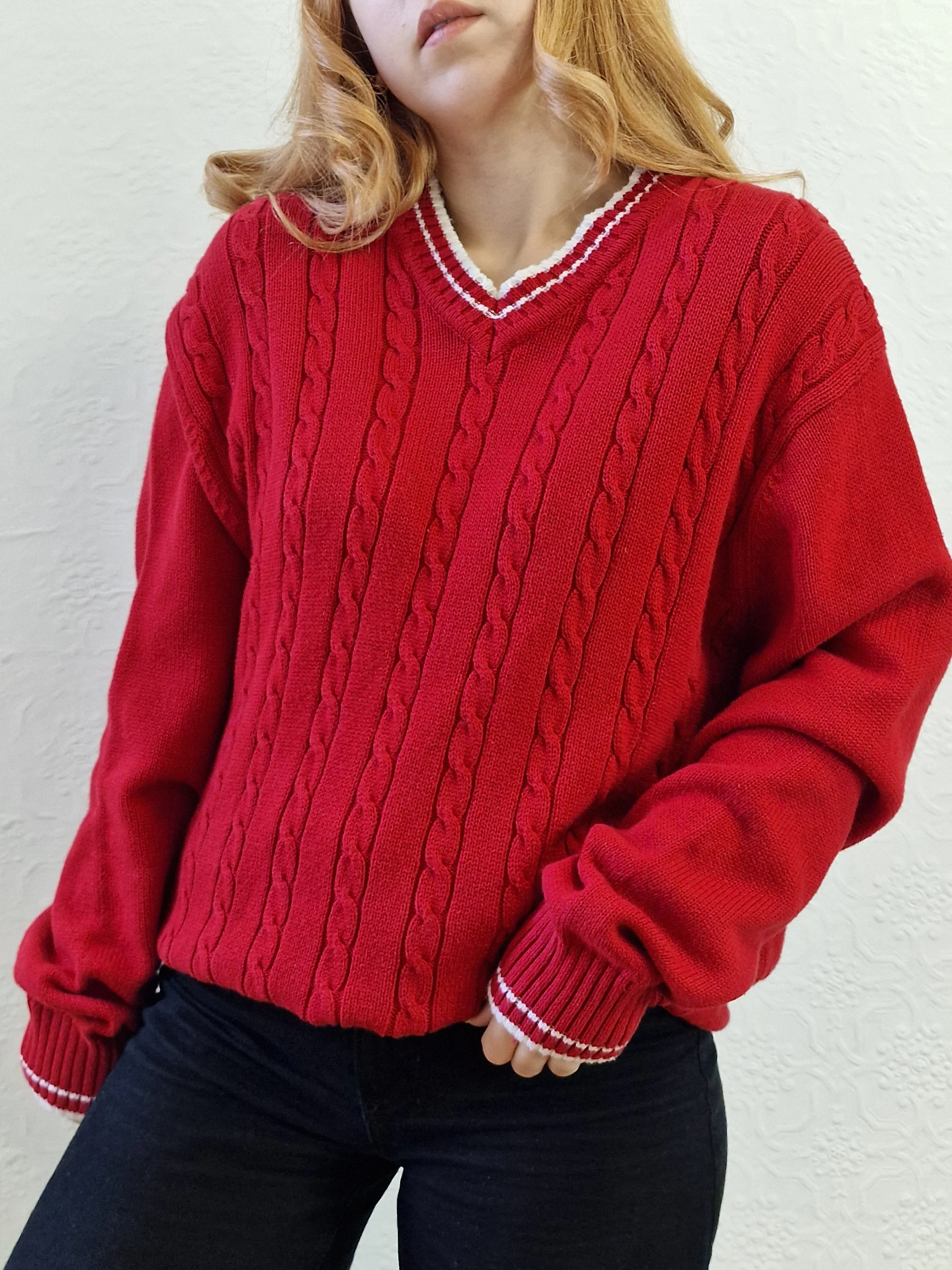 Vintage Cotton Cable Knit Red Jumper with V Neck - L - Image 2