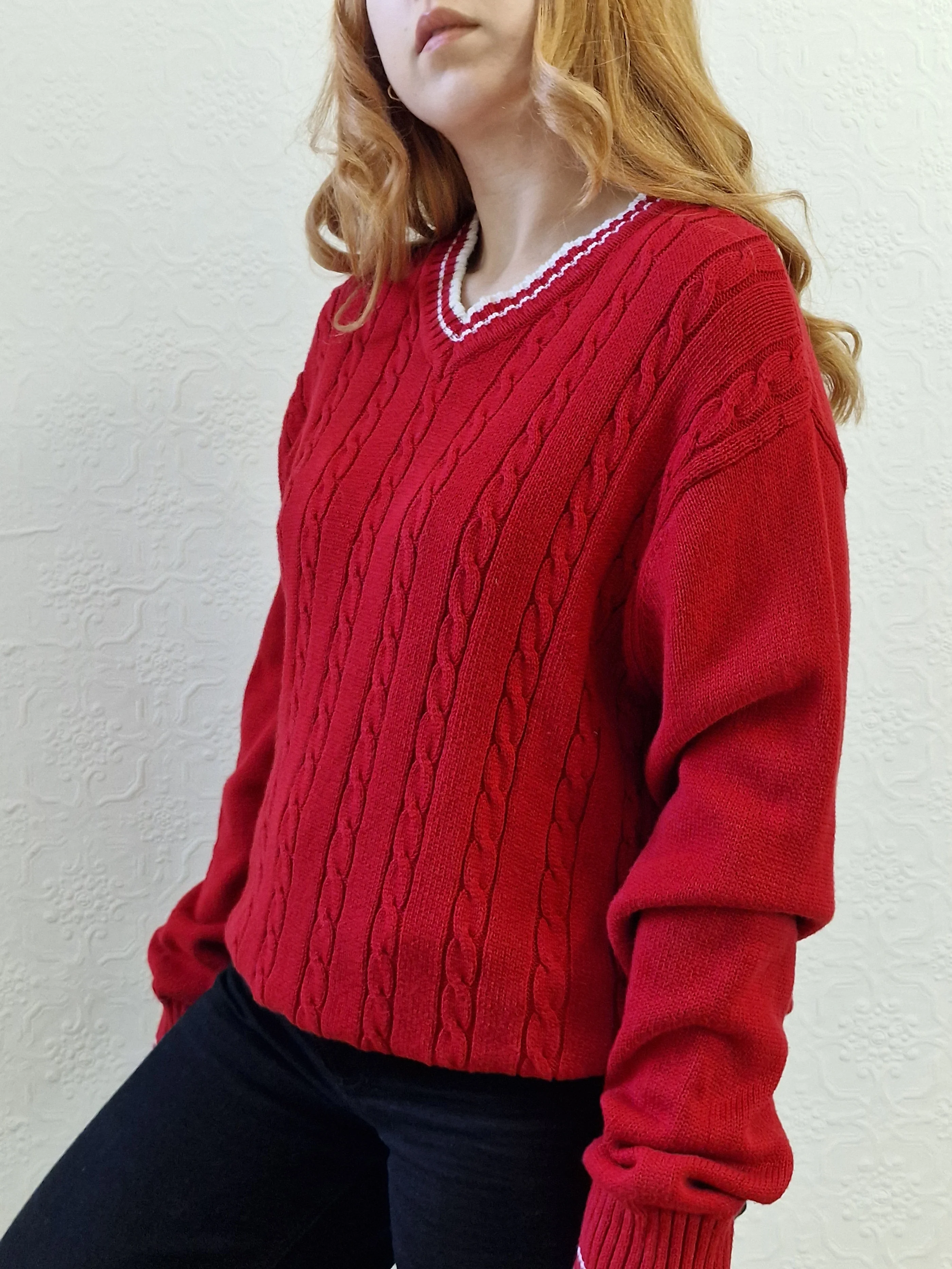 Vintage Cotton Cable Knit Red Jumper with V Neck - L - Image 3