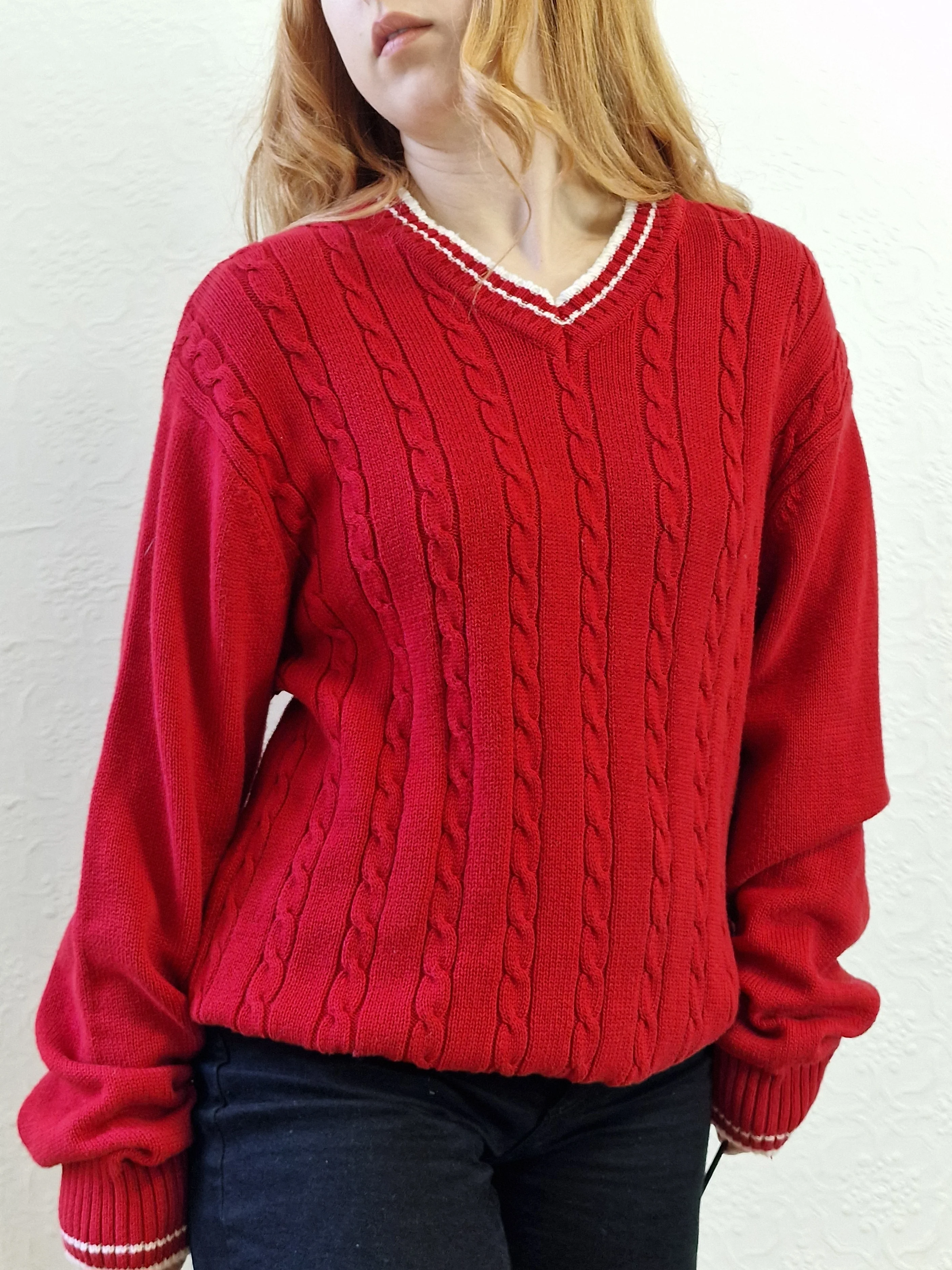 Vintage Cotton Cable Knit Red Jumper with V Neck - L - Image 4