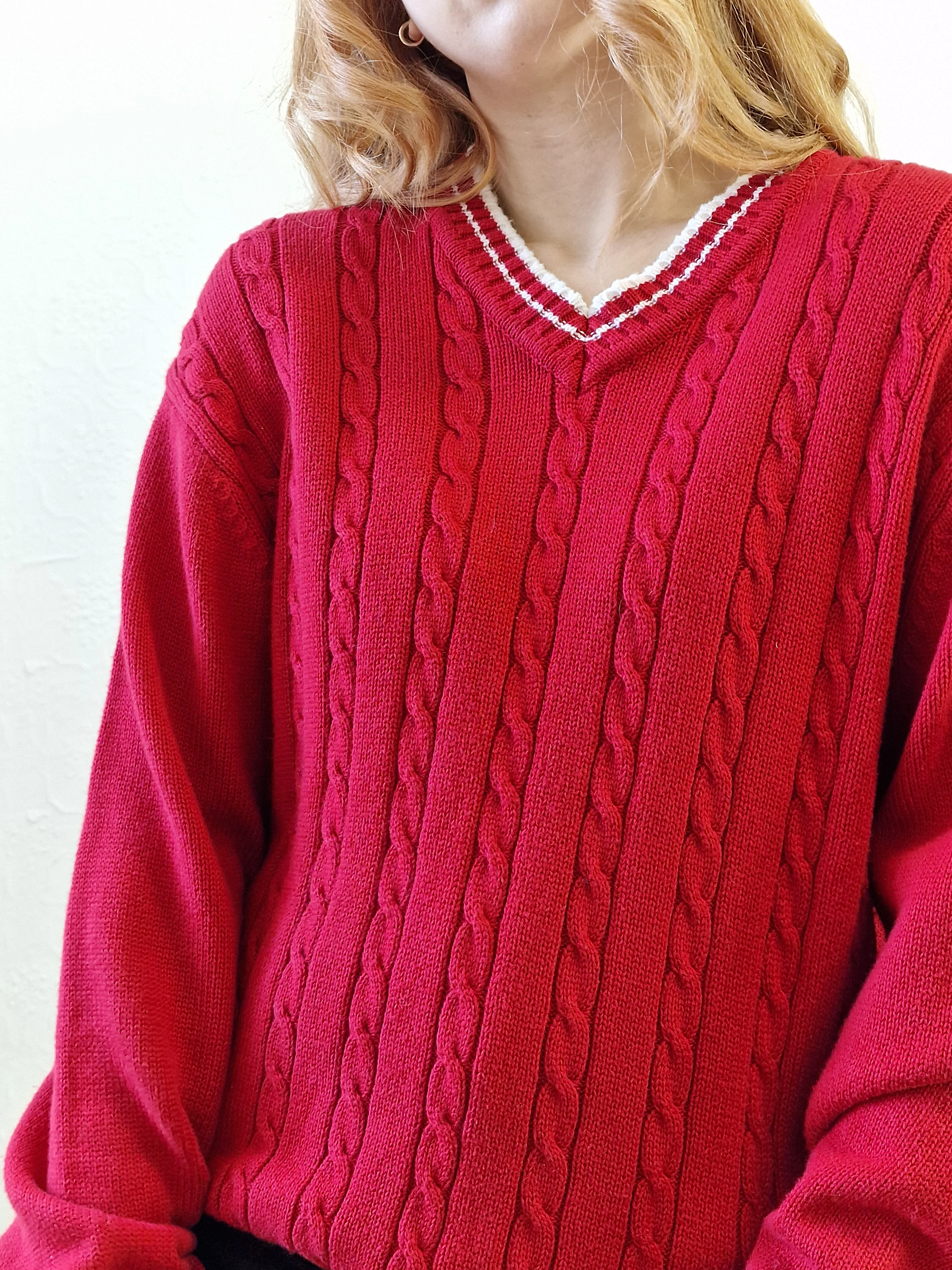 Vintage Cotton Cable Knit Red Jumper with V Neck - L - Image 5