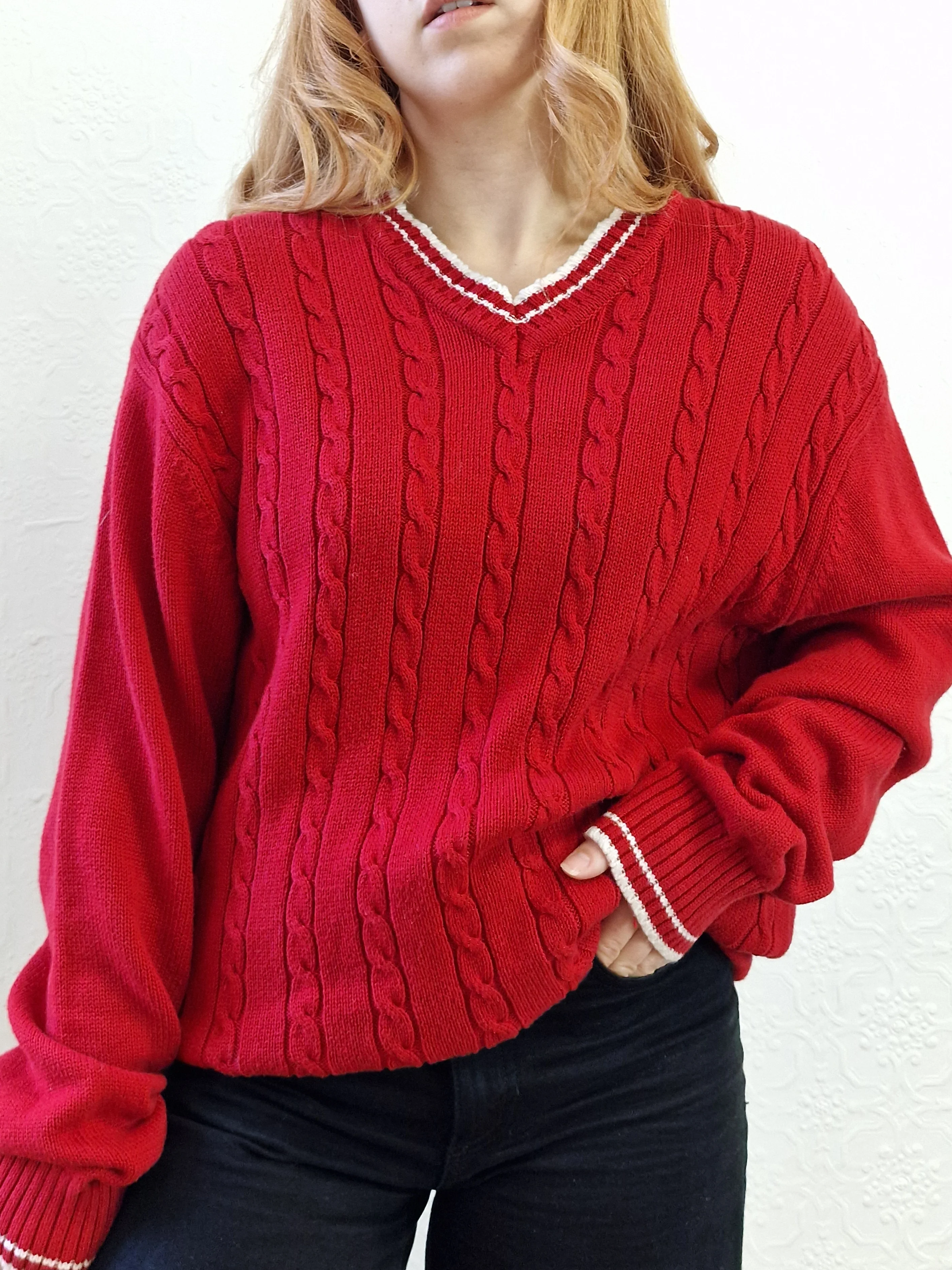 Vintage Cotton Cable Knit Red Jumper with V Neck - L - Image 6