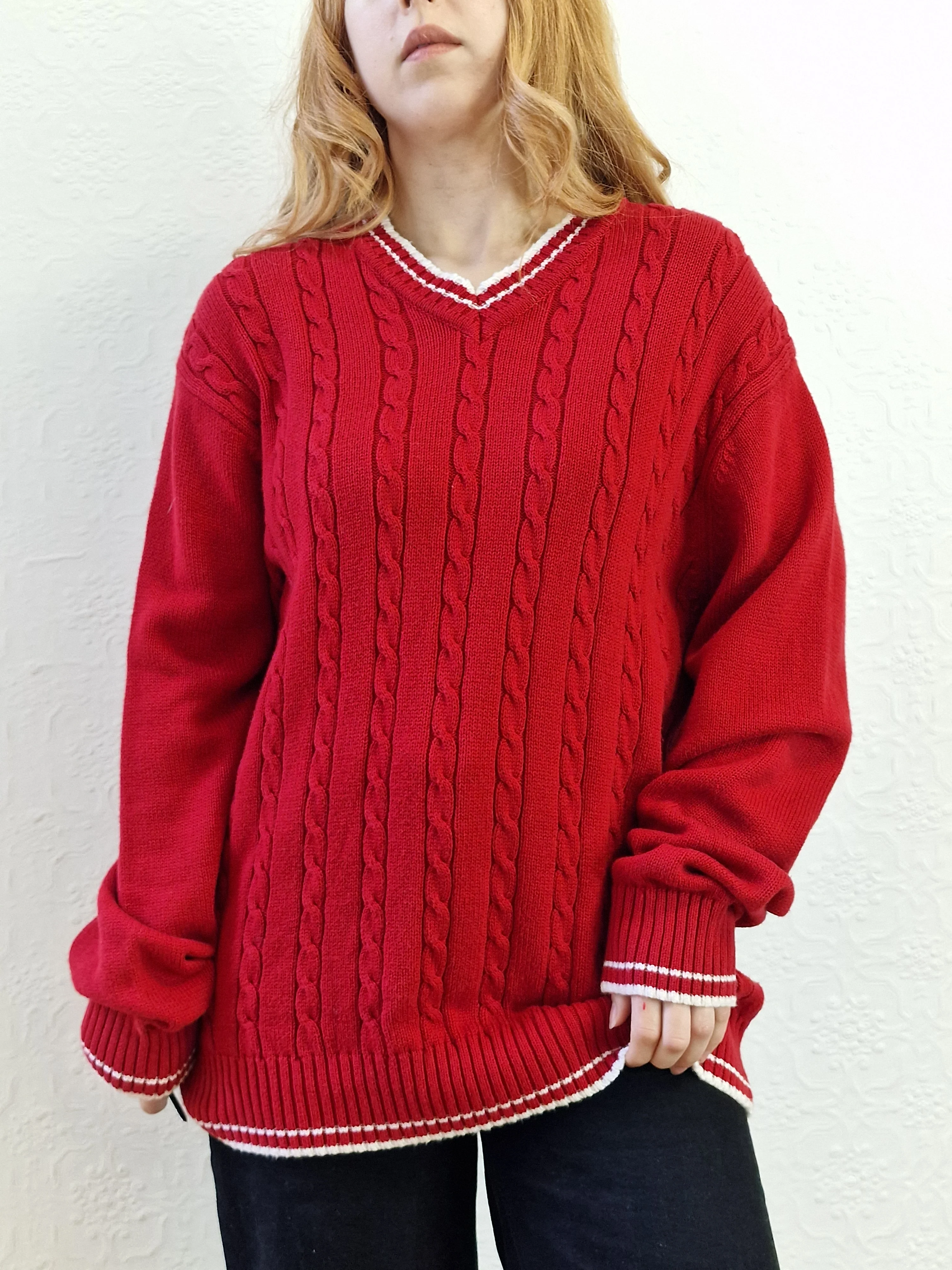Vintage Cotton Cable Knit Red Jumper with V Neck - L - Image 7