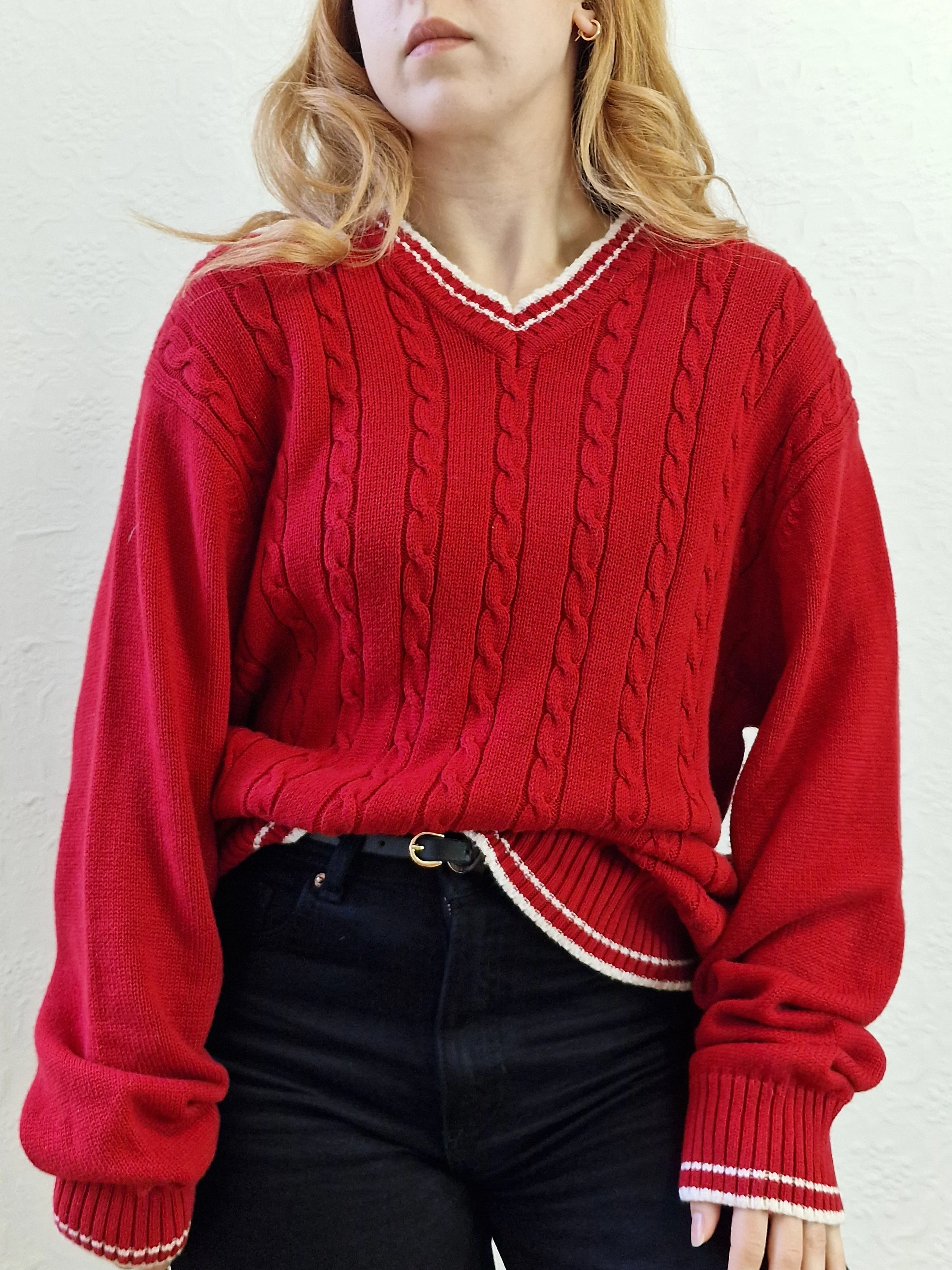 Vintage Cotton Cable Knit Red Jumper with V Neck - L - Image 8