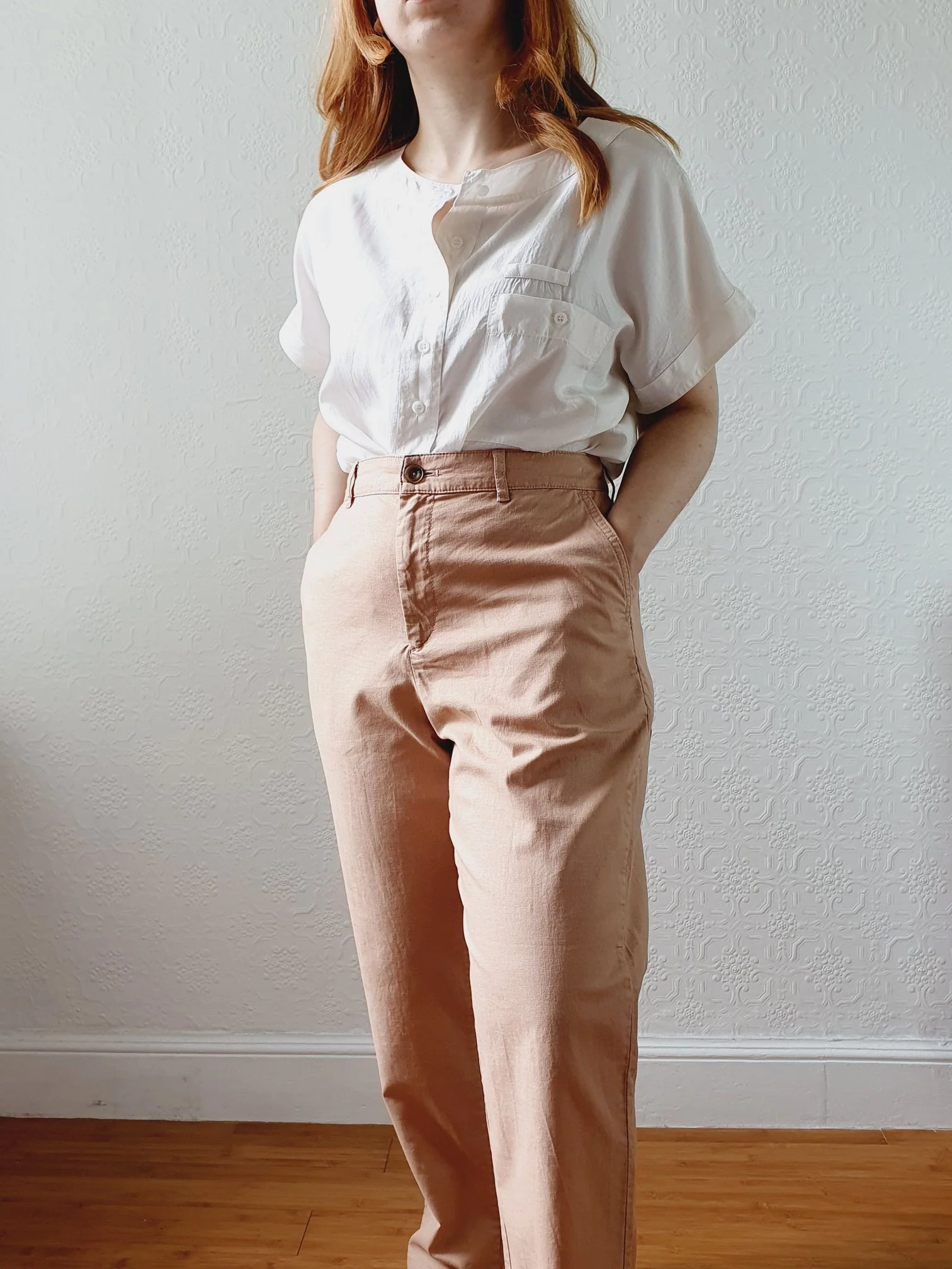 Vintage Cotton & Linen High Waisted Pink/Tan Summer Trousers - L - Image 7
