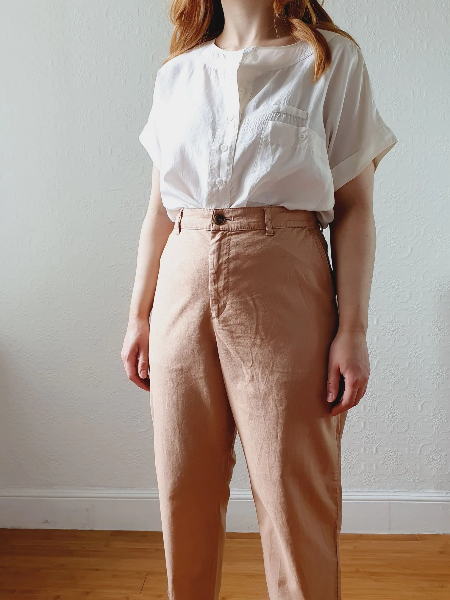 Vintage Cotton & Linen High Waisted Pink/Tan Summer Trousers - L - Image 9