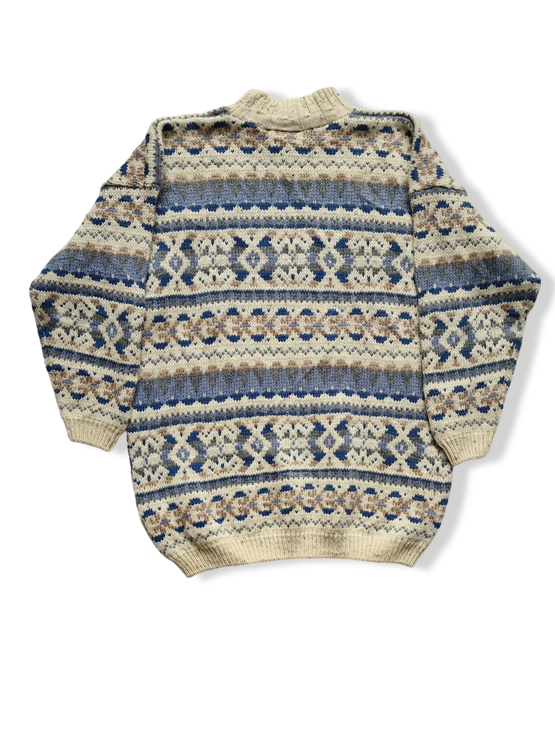 Vintage Cream And Blue Nordic Style Patterned Knitted Jumper - S/M - Image 4