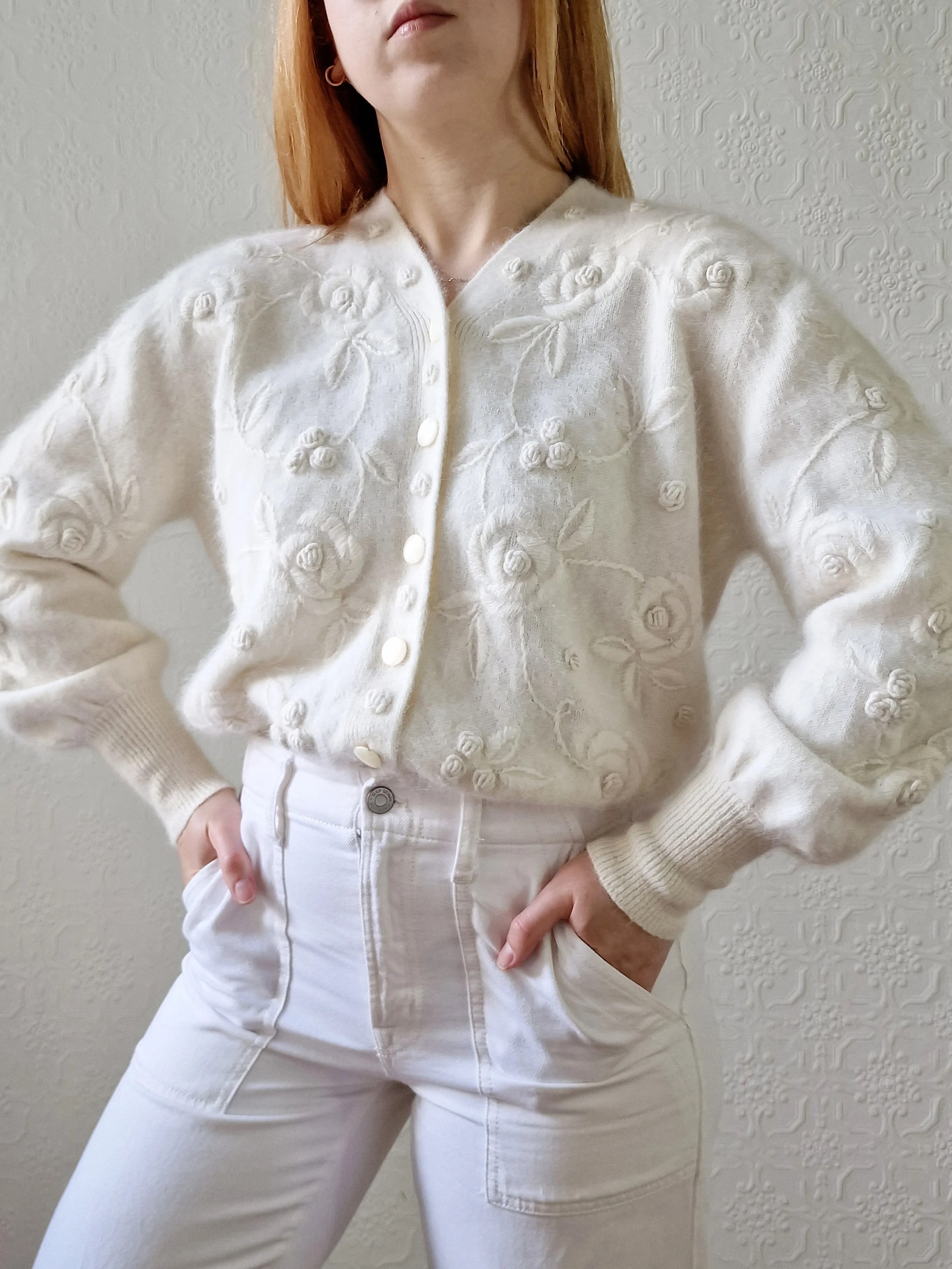 Vintage Cream Angora Cardigan with Embroidered Flowers - M