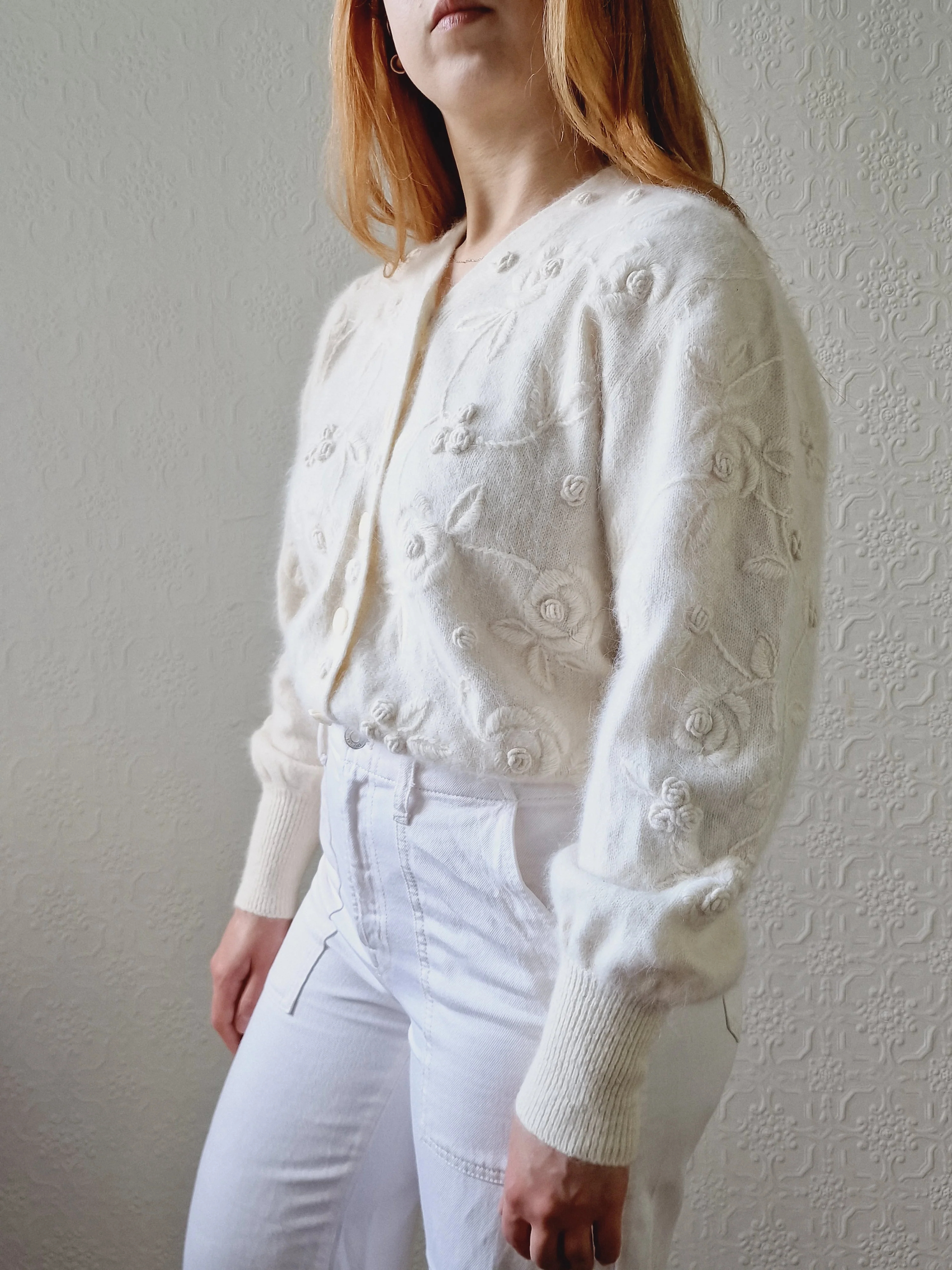 Vintage Cream Angora Cardigan with Embroidered Flowers - M - Image 2