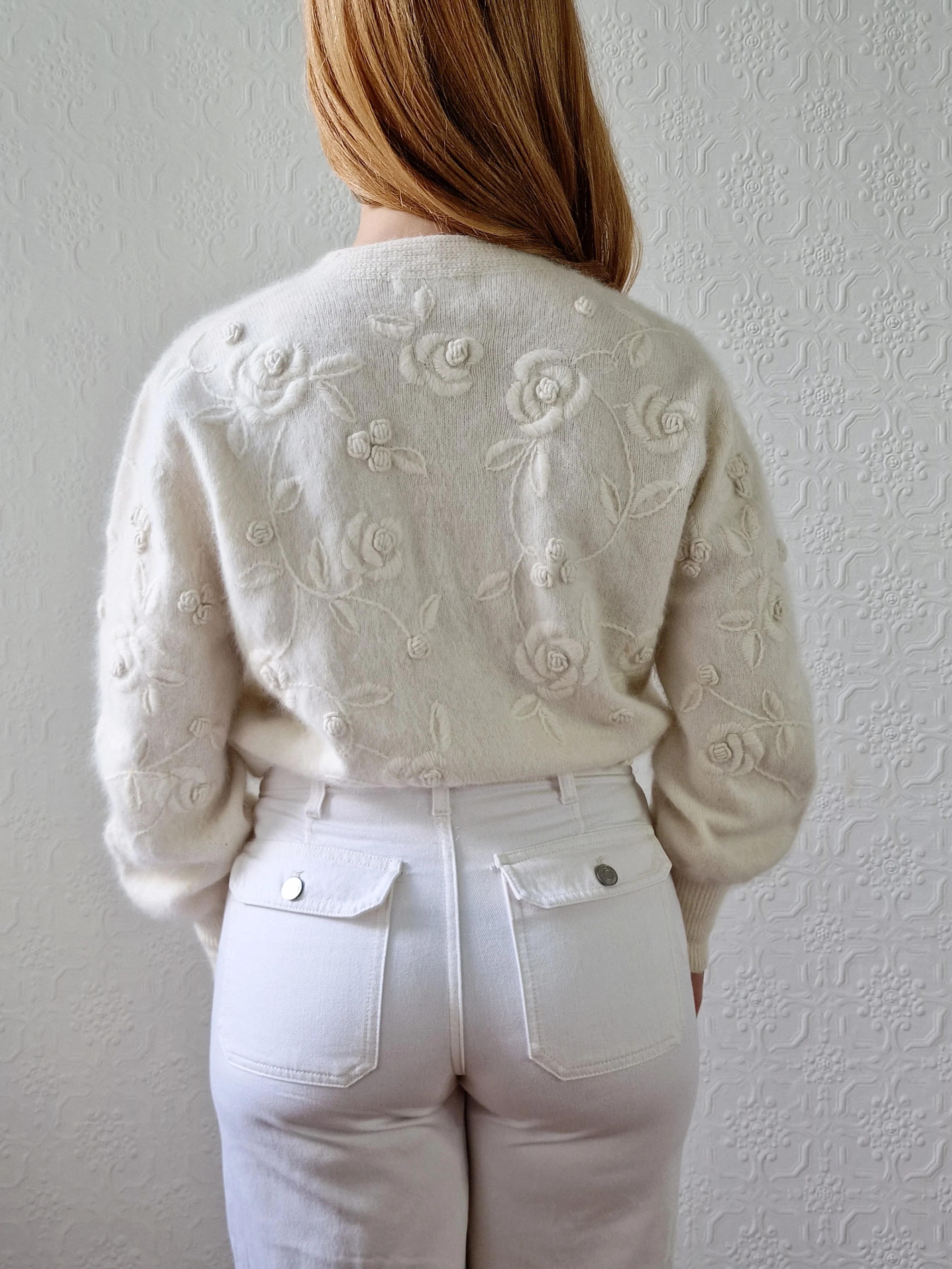 Vintage Cream Angora Cardigan with Embroidered Flowers - M - Image 3