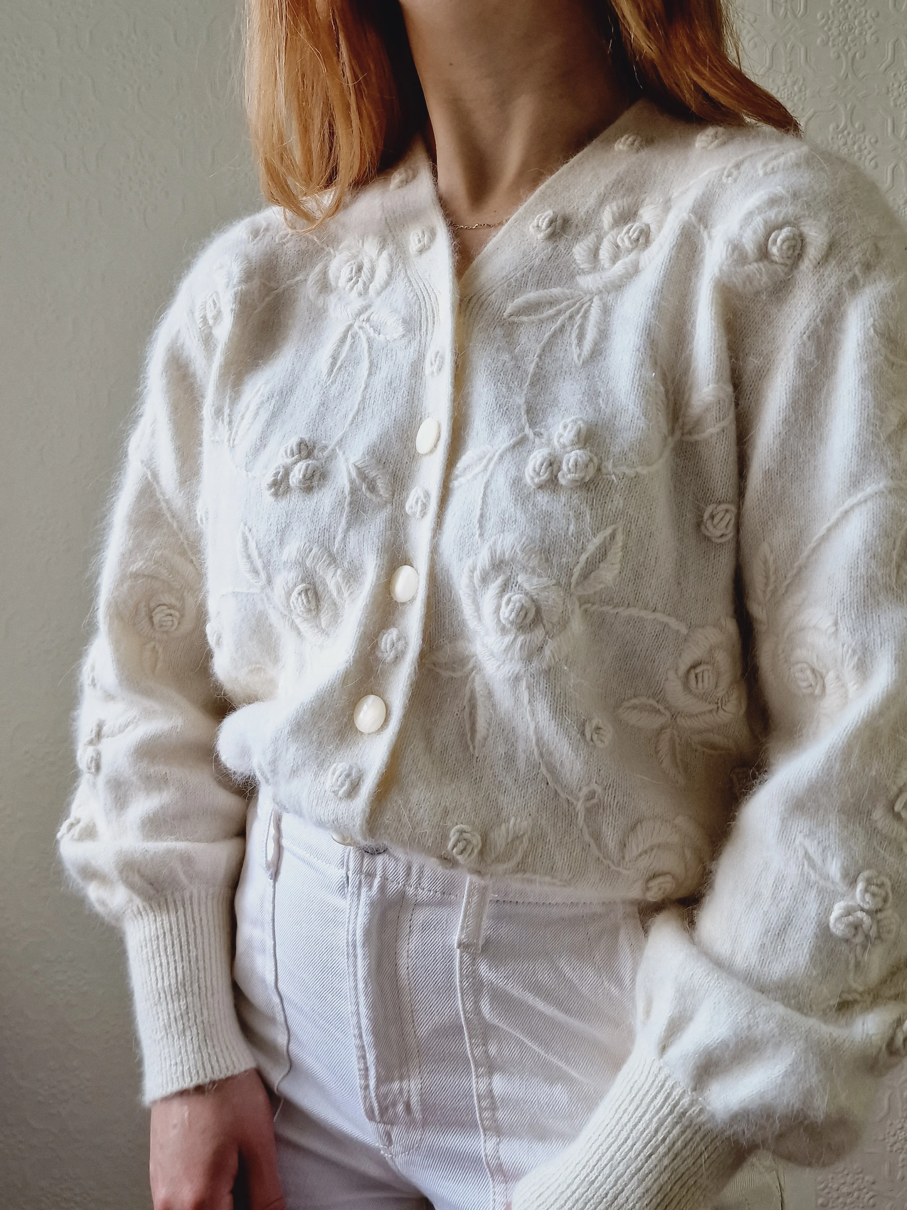 Vintage Cream Angora Cardigan with Embroidered Flowers - M - Image 4