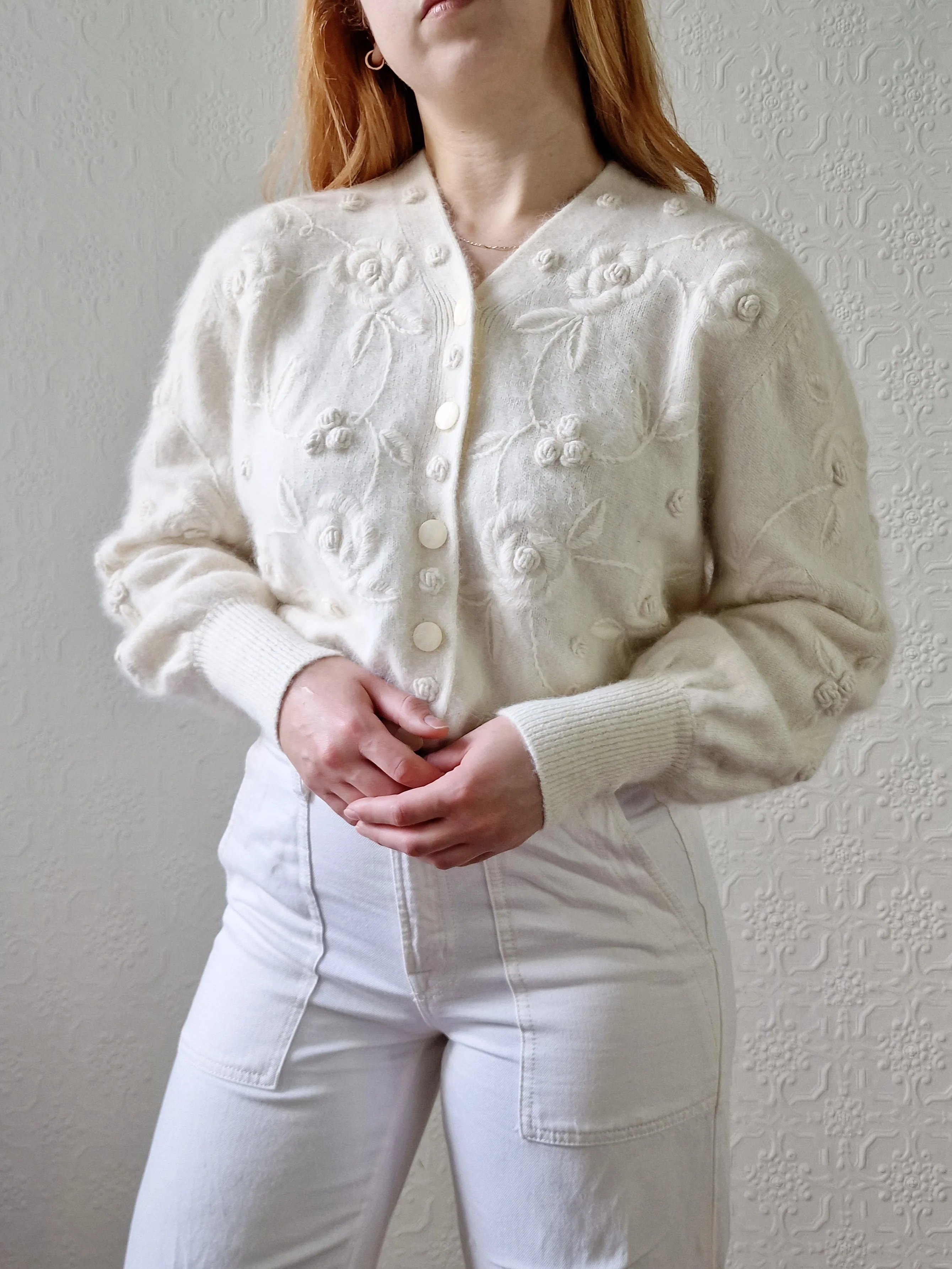 Vintage Cream Angora Cardigan with Embroidered Flowers - M - Image 5
