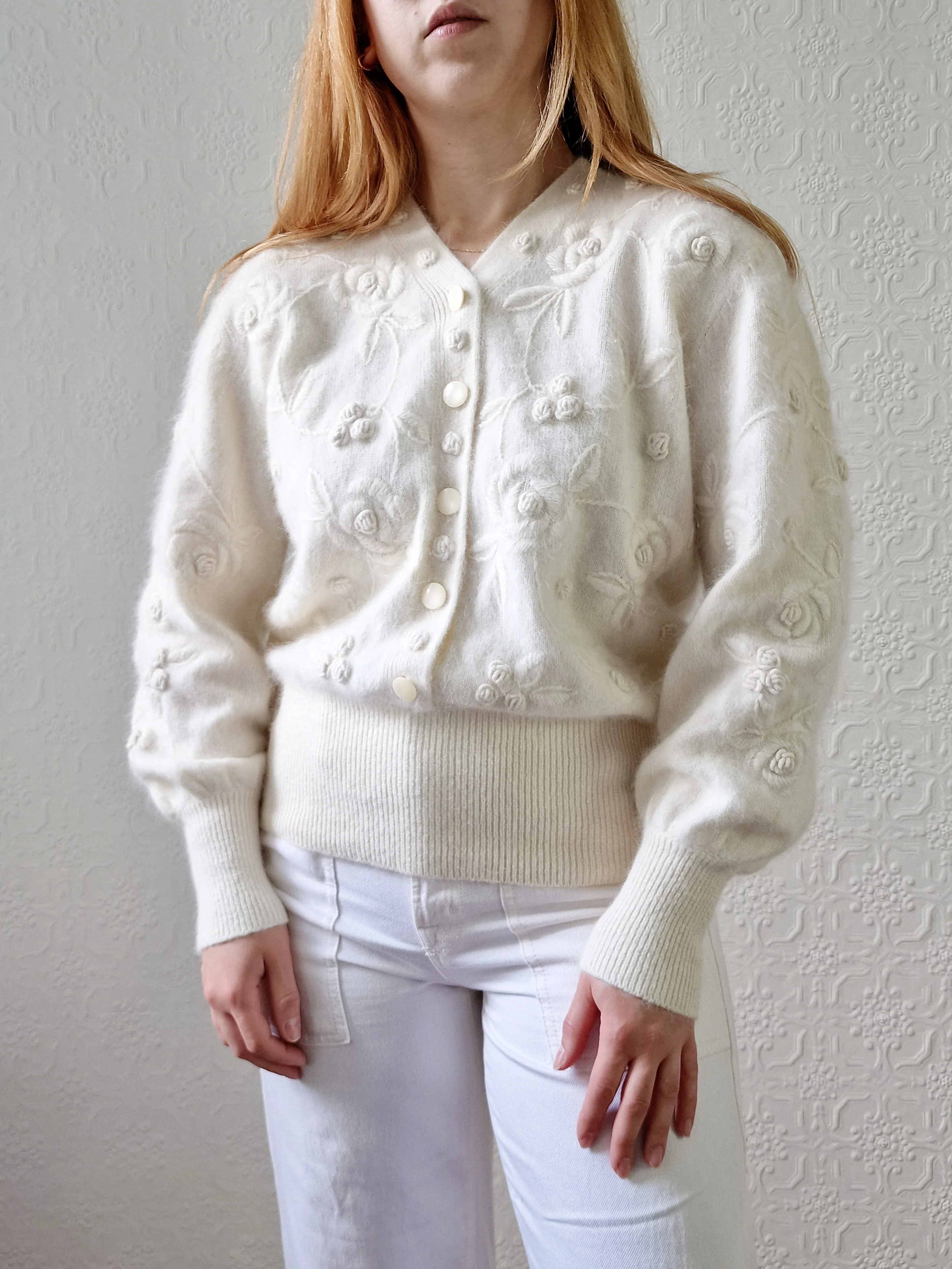 Vintage Cream Angora Cardigan with Embroidered Flowers - M - Image 6
