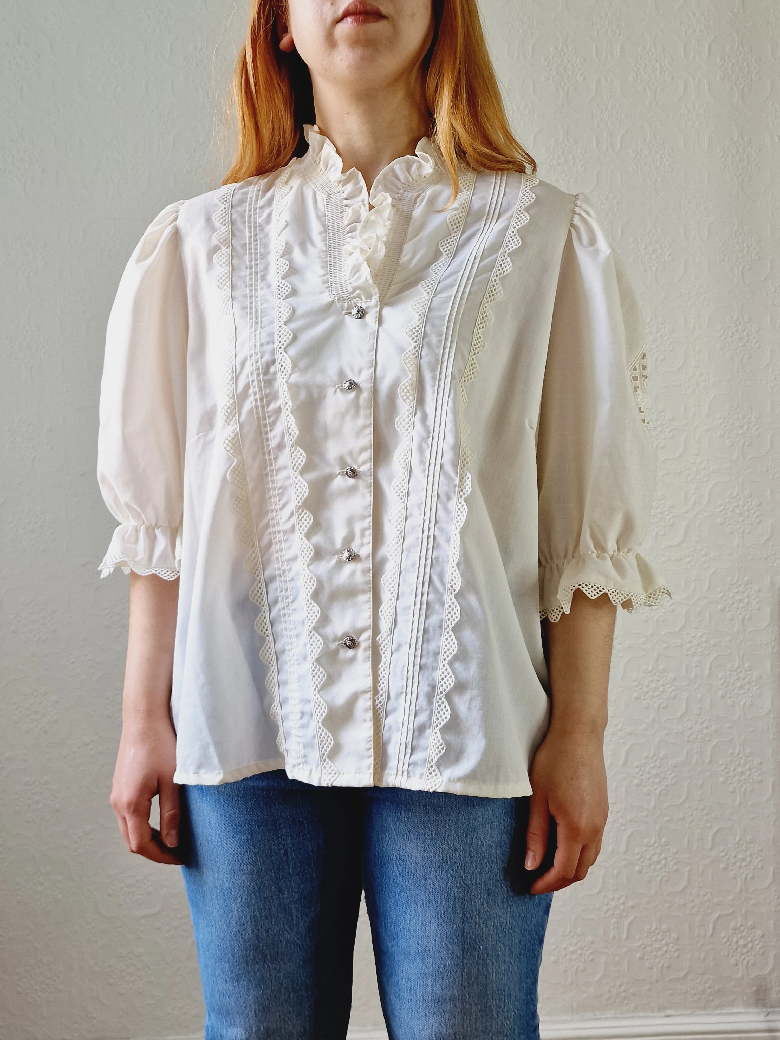 Vintage Cream Austrian Broderie Anglaise Dirndl Blouse with Puff Sleeves - XL - Image 9