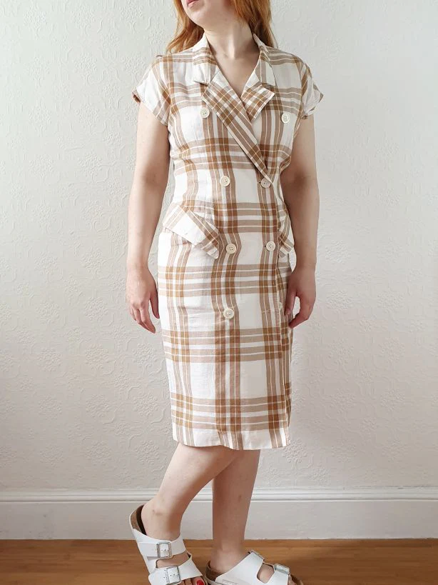 Vintage Cream & Brown Checked Cap Sleeve Dress - XS/S