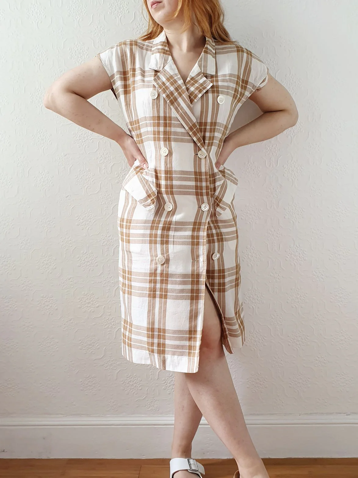Vintage Cream & Brown Checked Cap Sleeve Dress - XS/S - Image 2