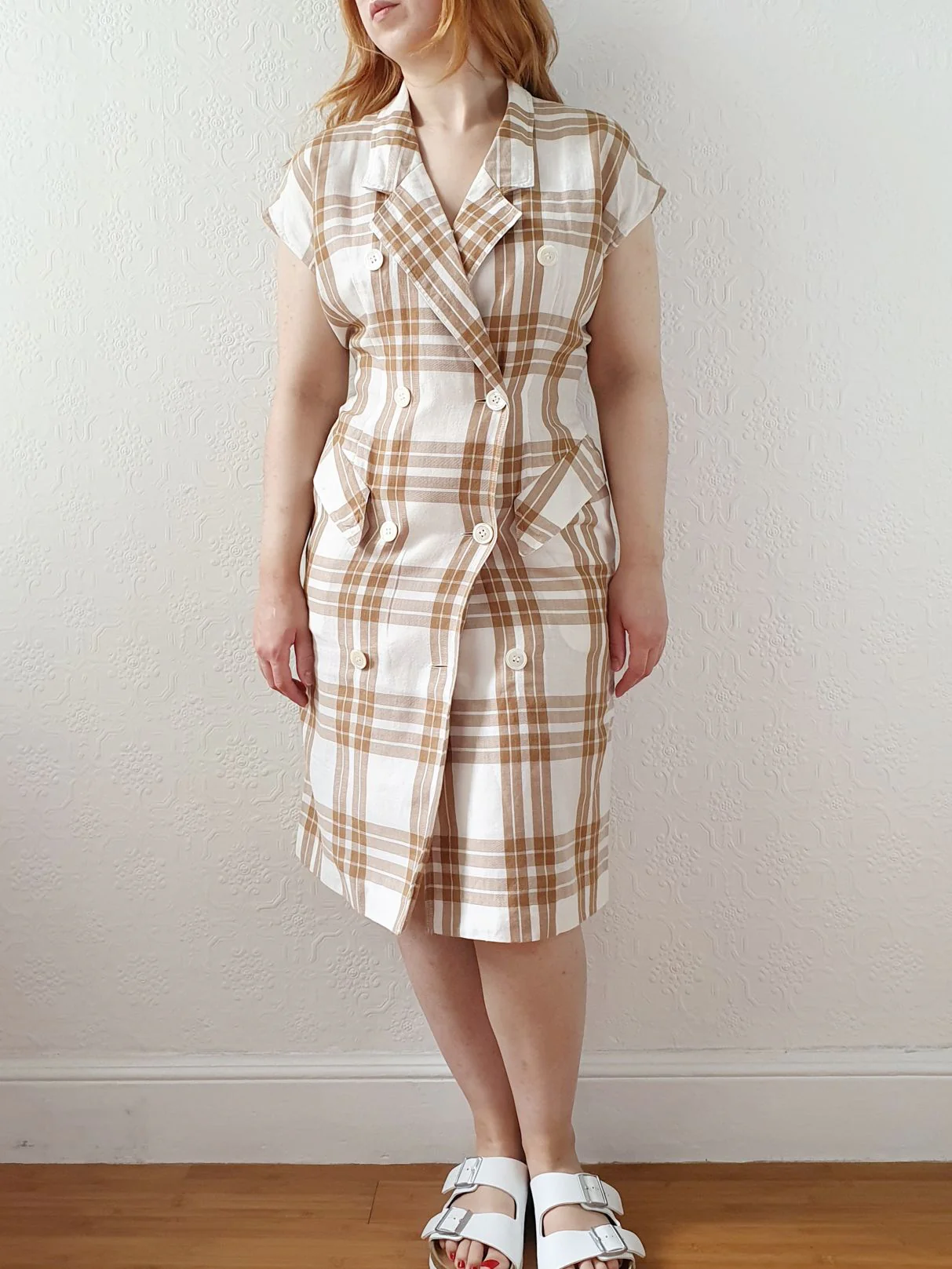 Vintage Cream & Brown Checked Cap Sleeve Dress - XS/S - Image 3