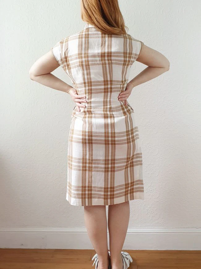 Vintage Cream & Brown Checked Cap Sleeve Dress - XS/S - Image 5