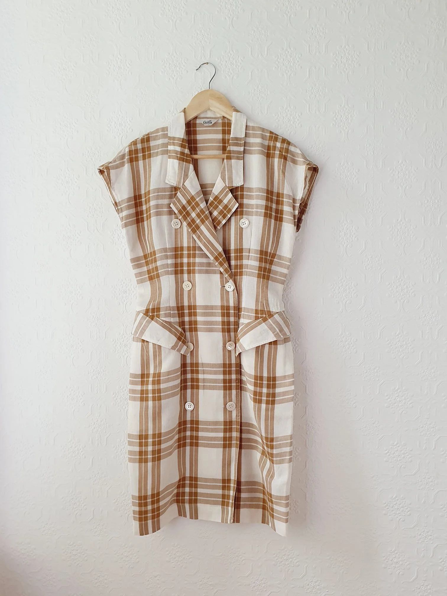 Vintage Cream & Brown Checked Cap Sleeve Dress - XS/S - Image 6