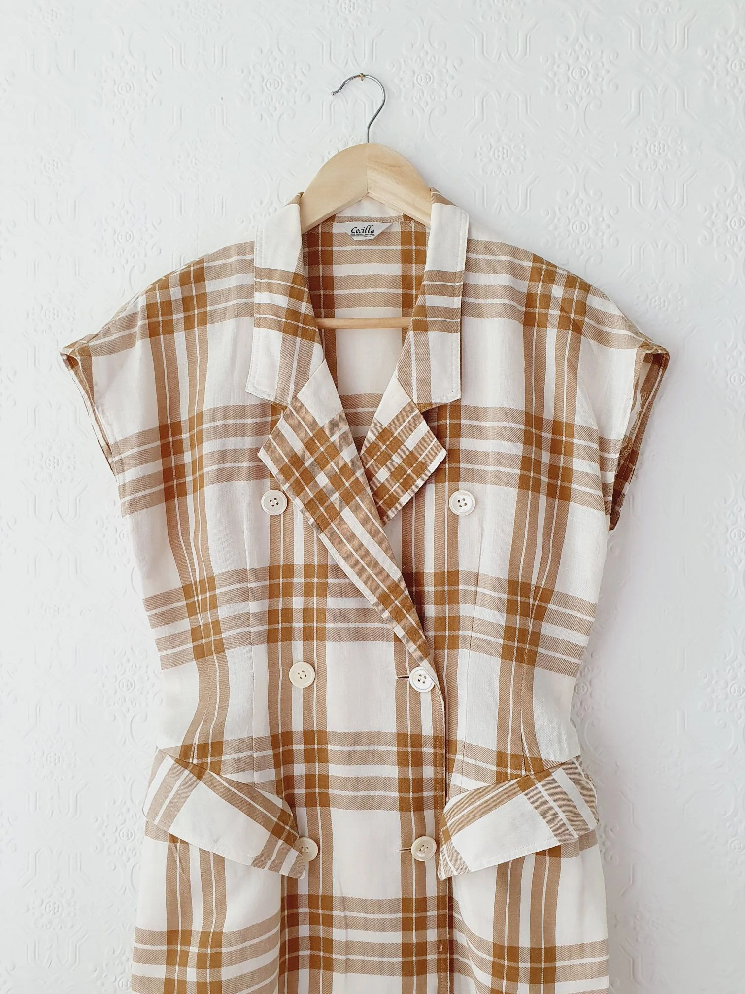 Vintage Cream & Brown Checked Cap Sleeve Dress - XS/S - Image 8