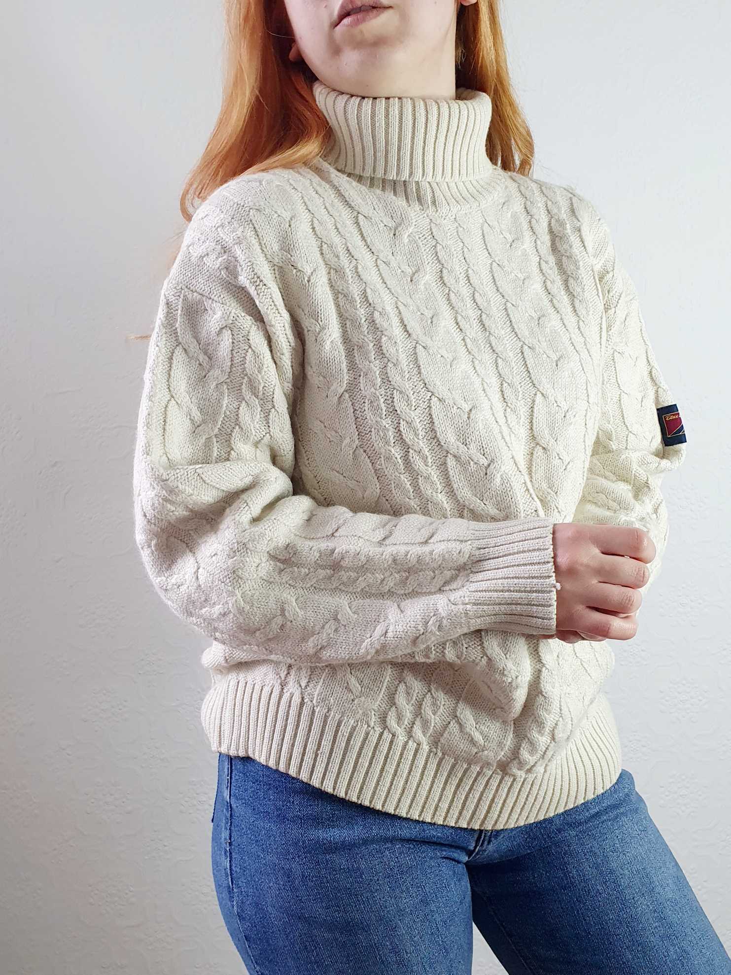 Vintage Cream Cable Knit Aran Style Roll Neck Jumper - XL