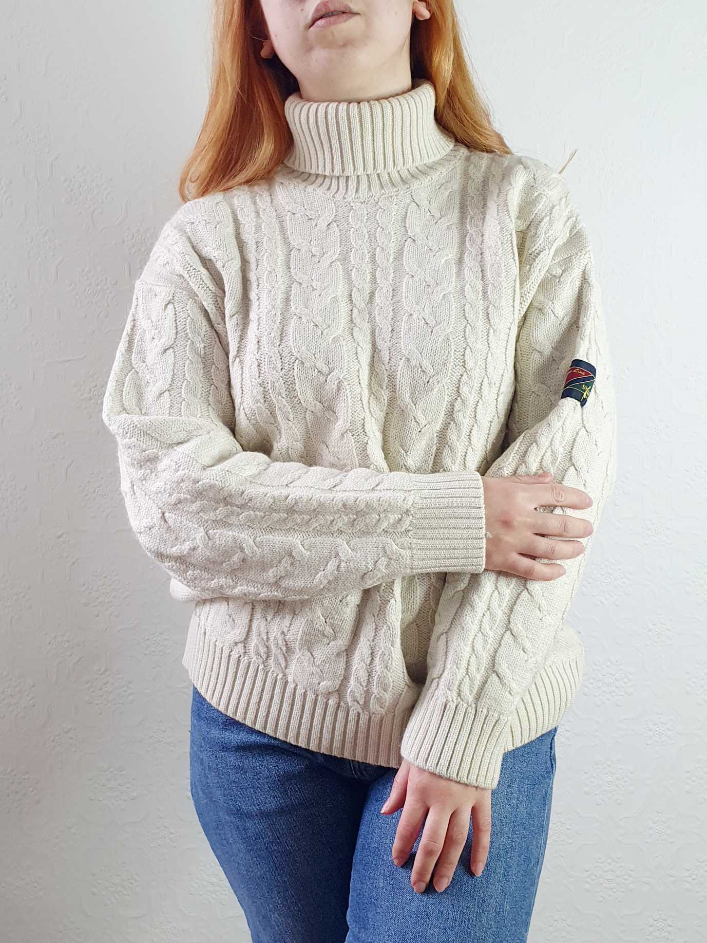 Vintage Cream Cable Knit Aran Style Roll Neck Jumper - XL - Image 2