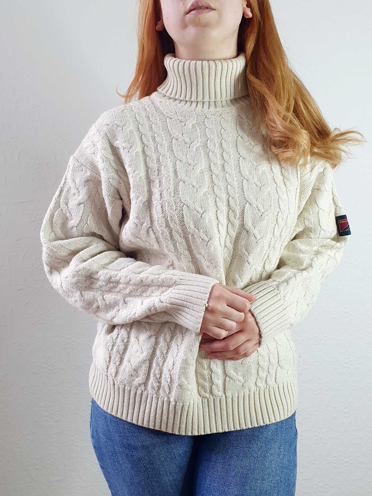 Vintage Cream Cable Knit Aran Style Roll Neck Jumper - XL - Image 3