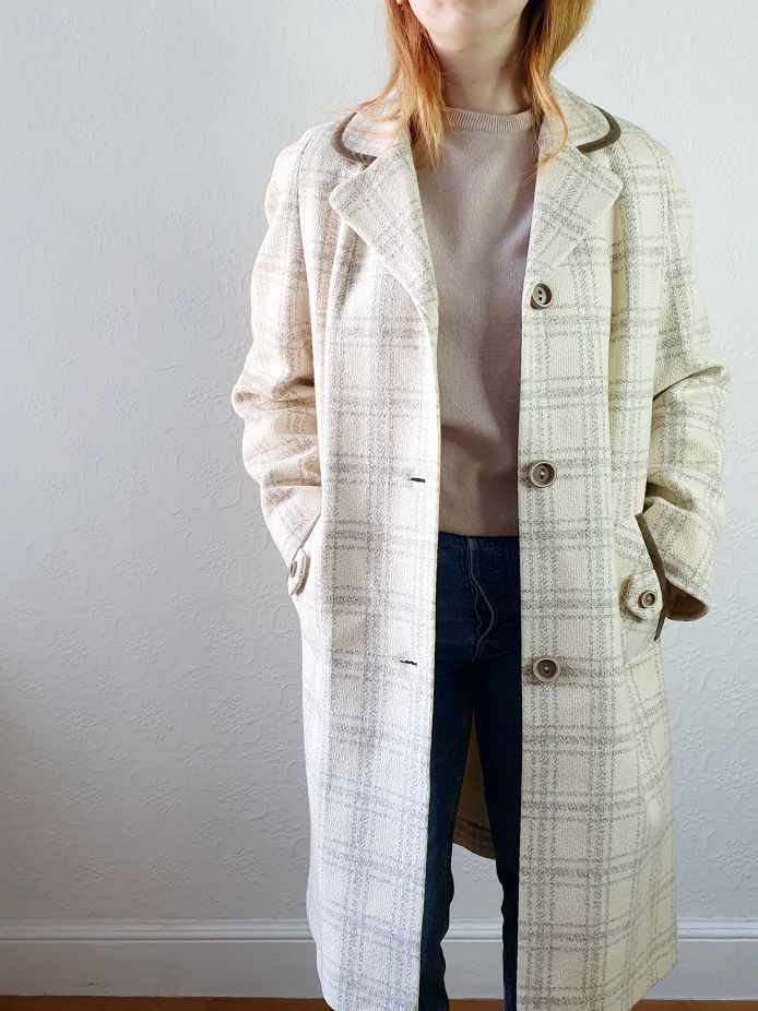 Vintage Cream Checked Coat - M