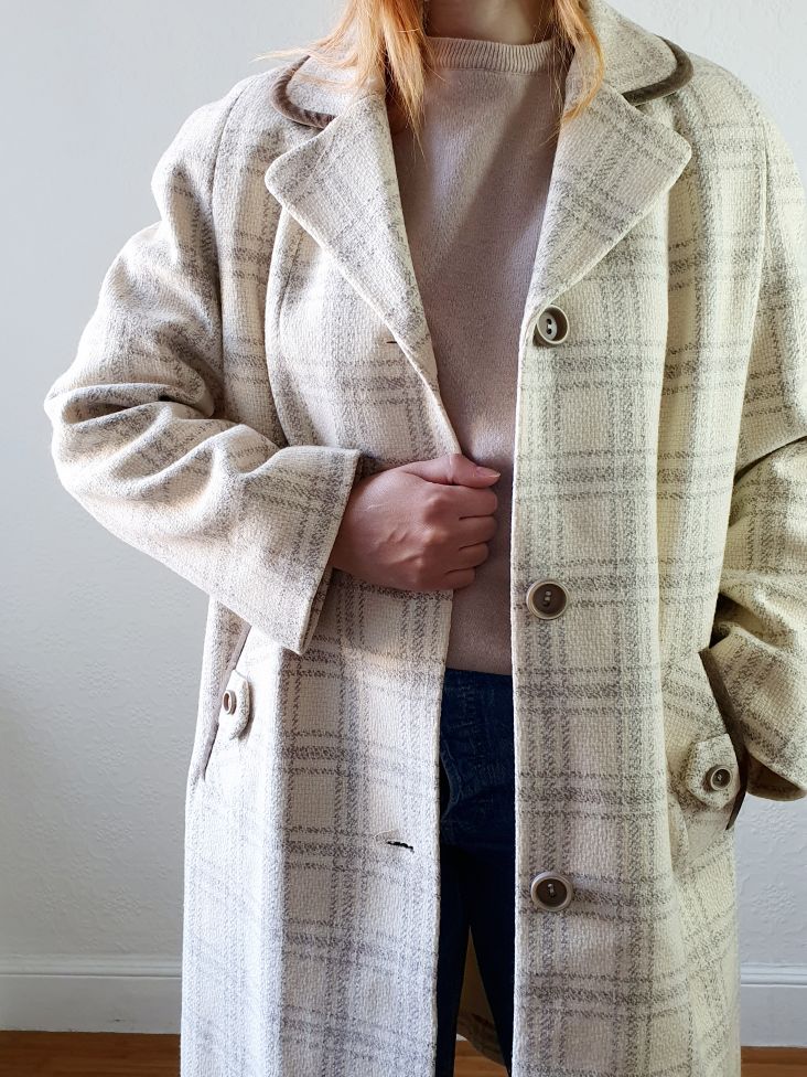 Vintage Cream Checked Coat - M - Image 2