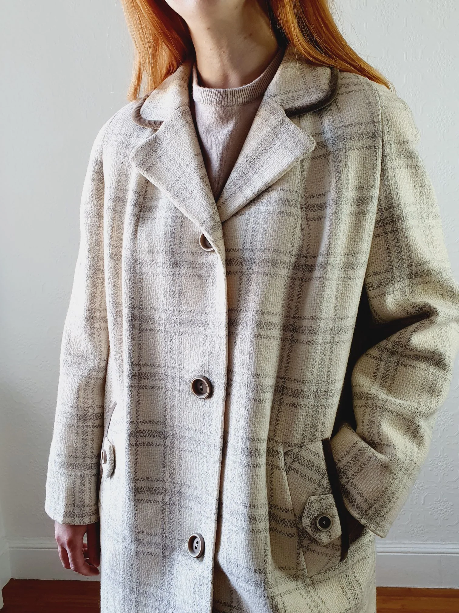 Vintage Cream Checked Coat - M - Image 3