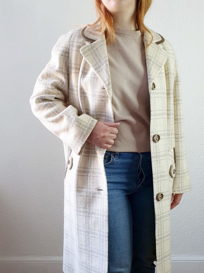 Vintage Cream Checked Coat - M - Image 4
