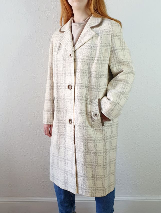 Vintage Cream Checked Coat - M - Image 5
