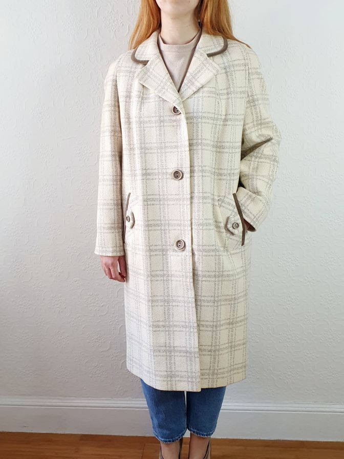 Vintage Cream Checked Coat - M - Image 6