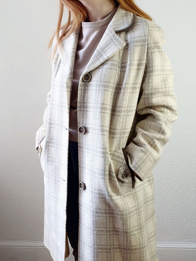 Vintage Cream Checked Coat - M - Image 7